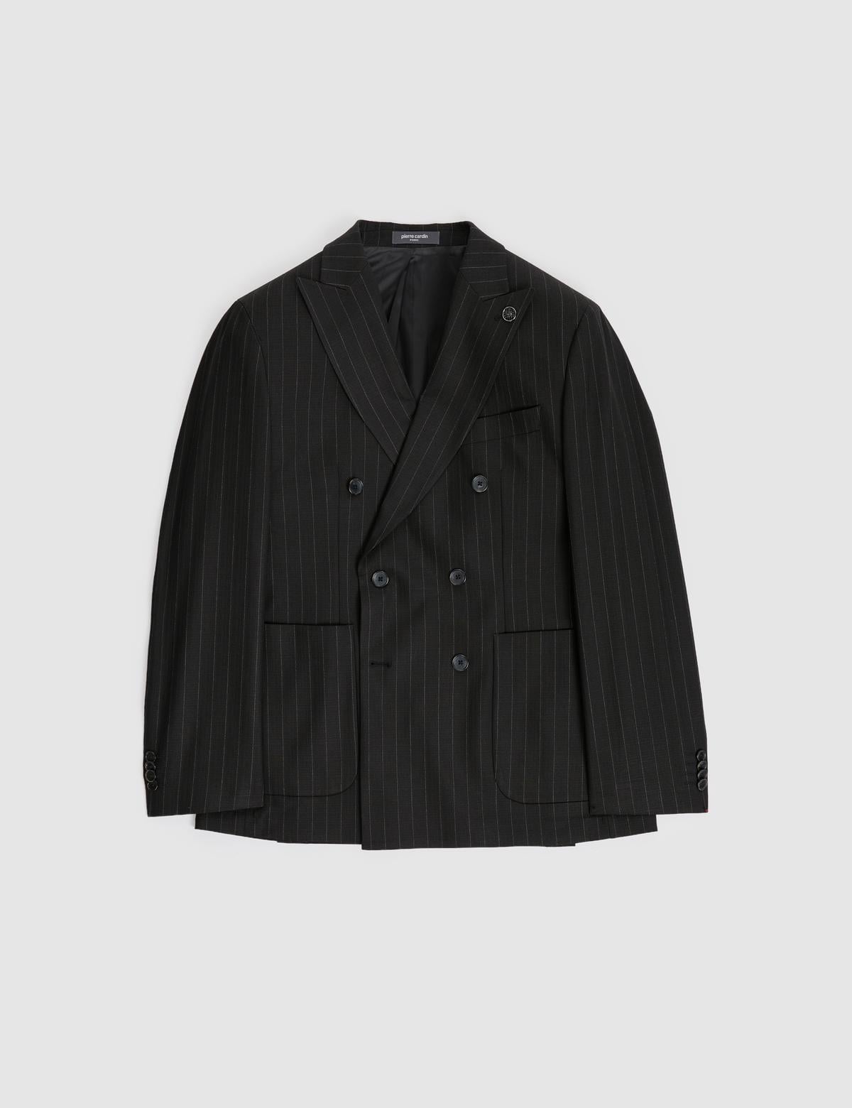 Siyah Ex. Slim Fit Çizgili Kruvaze Takım Elbise - 50319630077