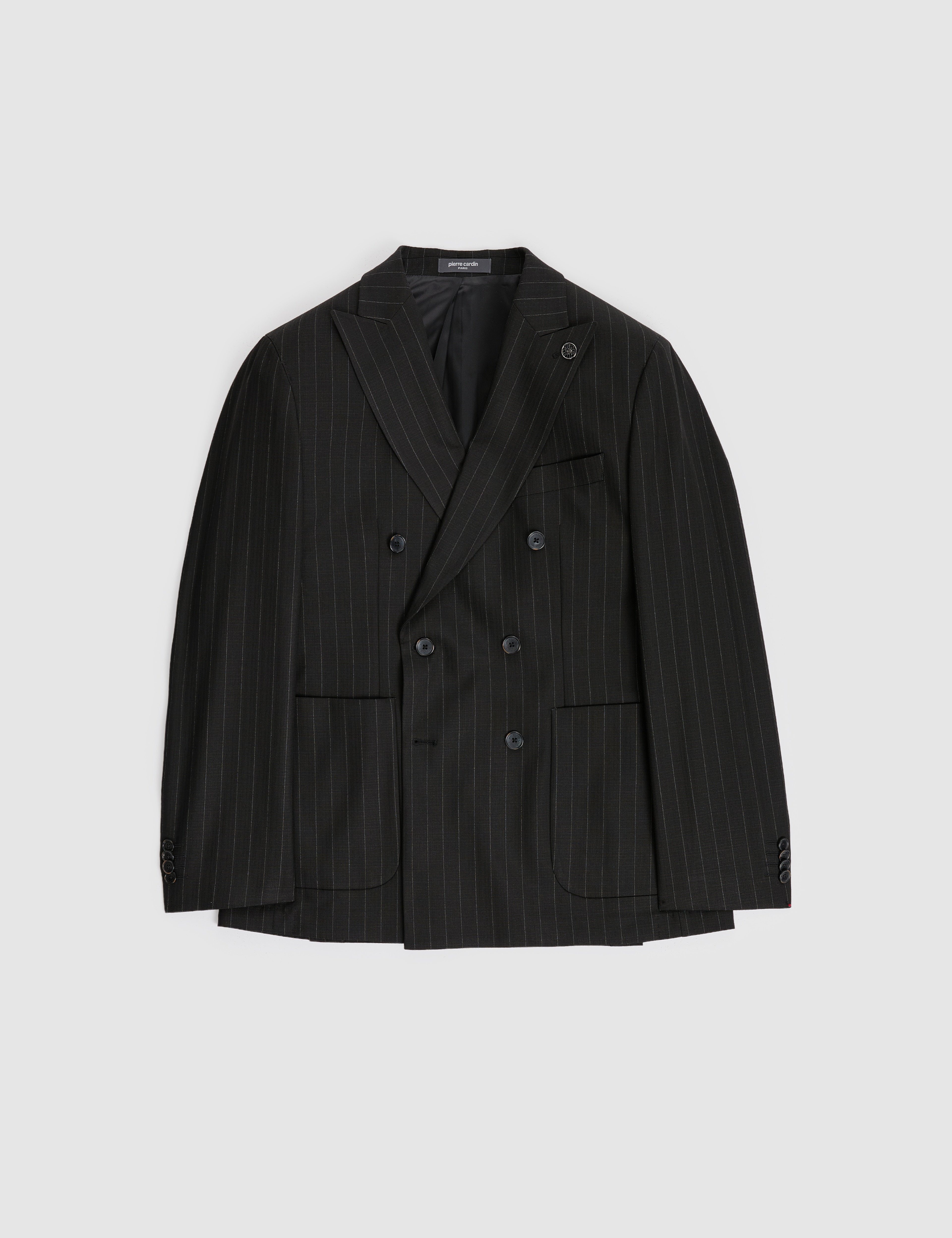 Siyah Extra Slim Fit Çizgili Kruvaze Takım Elbise - Image 7