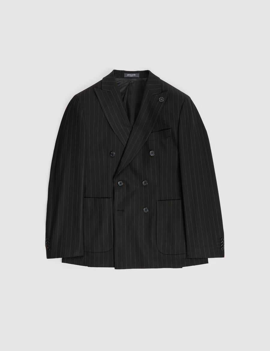 Siyah Ex. Slim Fit Çizgili Kruvaze Takım Elbise