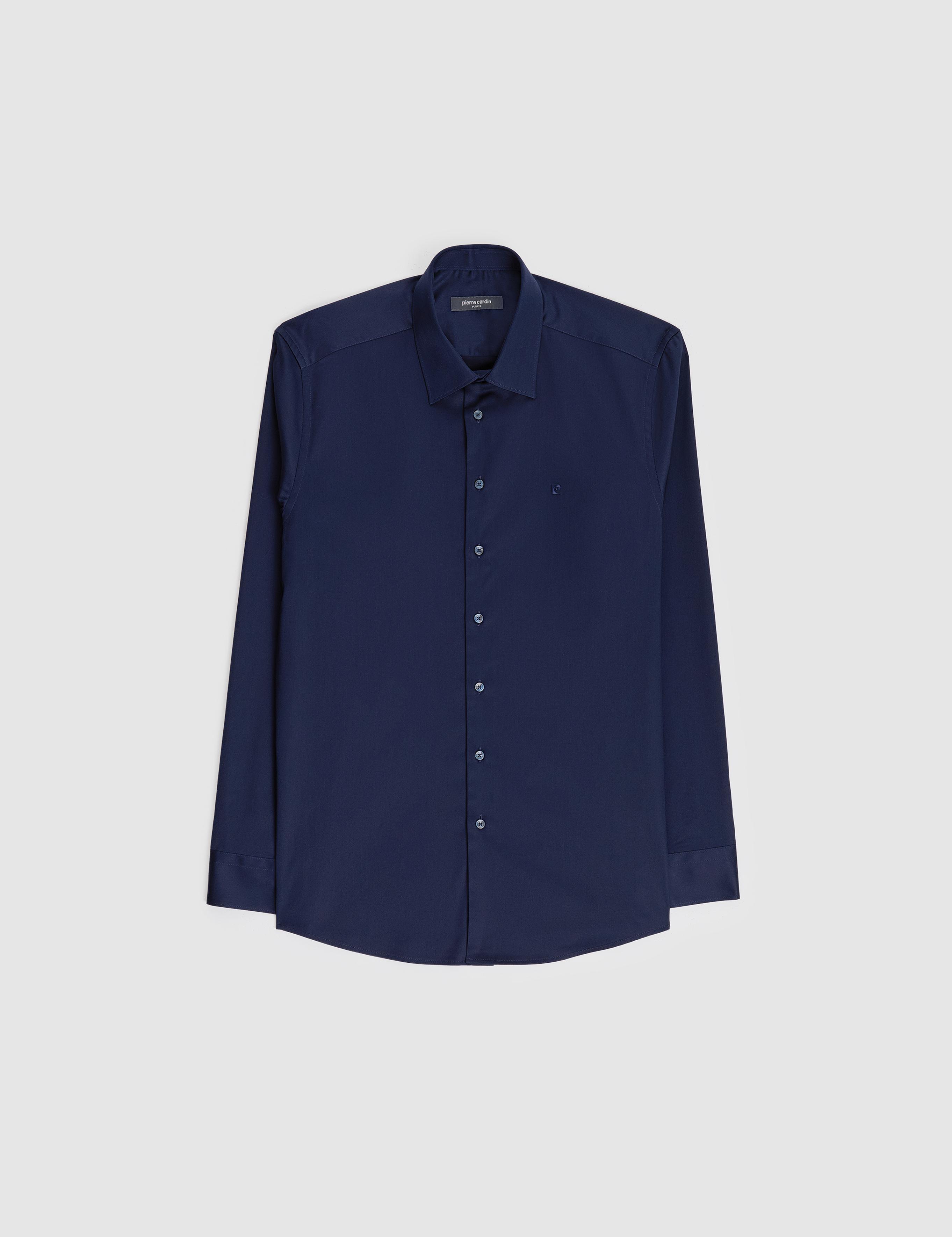 Lacivert Slim Fit Uzun Kollu Esnek Basic Gömlek