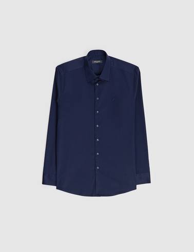 Lacivert Slim Fit Uzun Kollu Esnek Basic Gömlek
