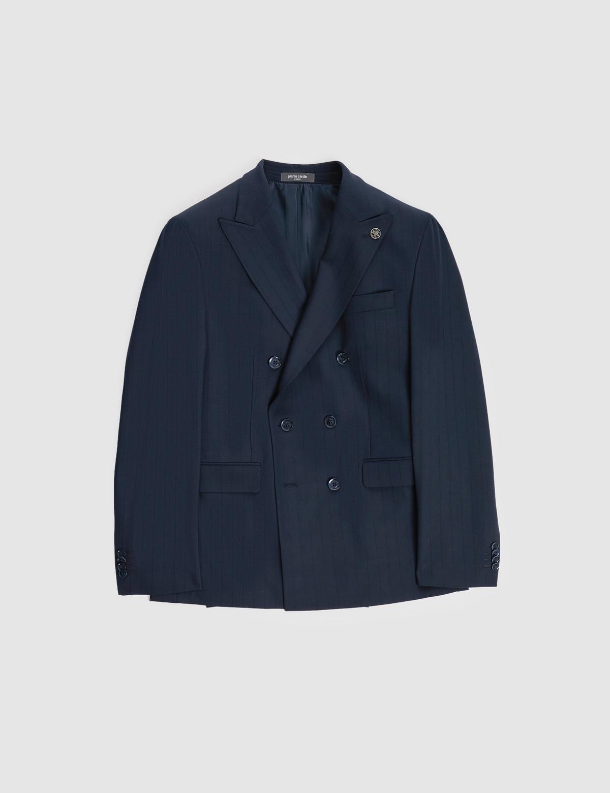 Lacivert Ex. Slim Fit Çizgili Kruvaze Takım Elbise - 50325157044