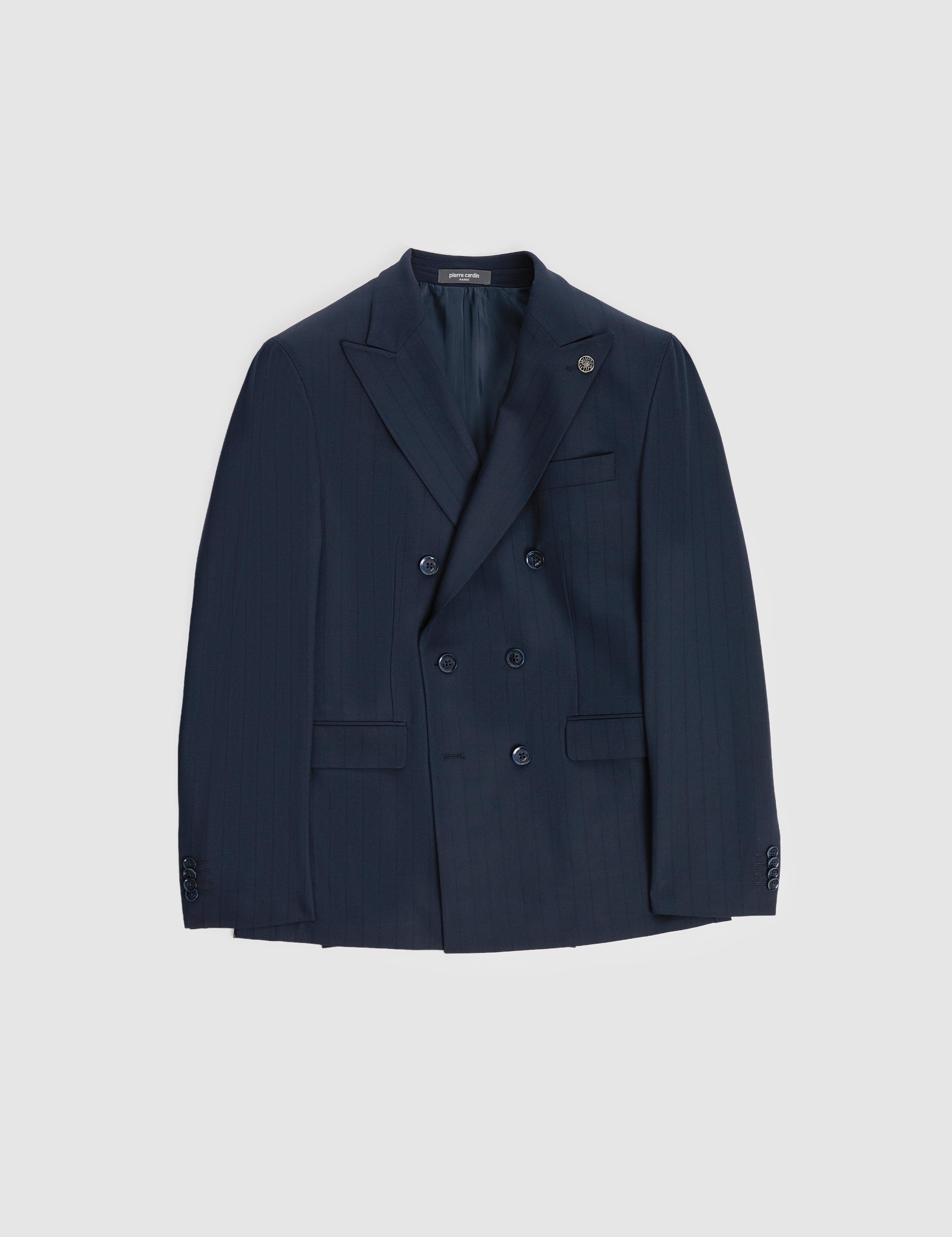 Lacivert Ex. Slim Fit Çizgili Kruvaze Takım Elbise