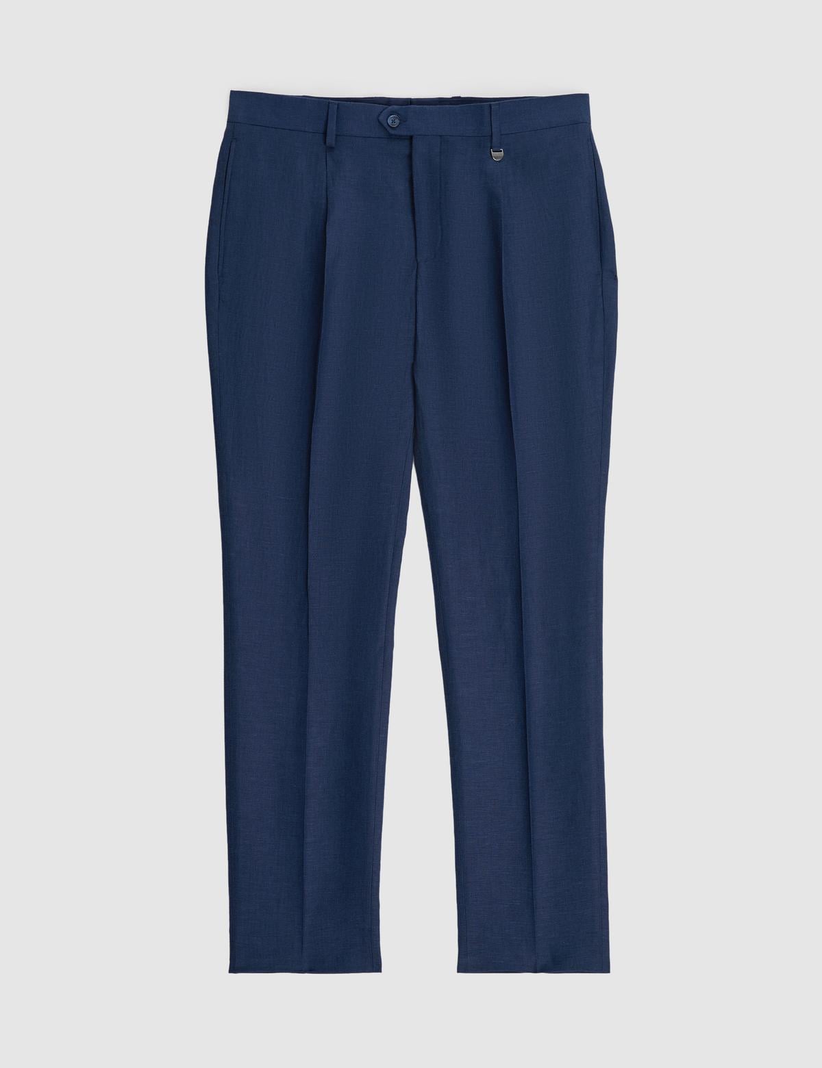 Lacivert Slim Fit Keten Karışımlı Pileli Pantolon - 50325165089
