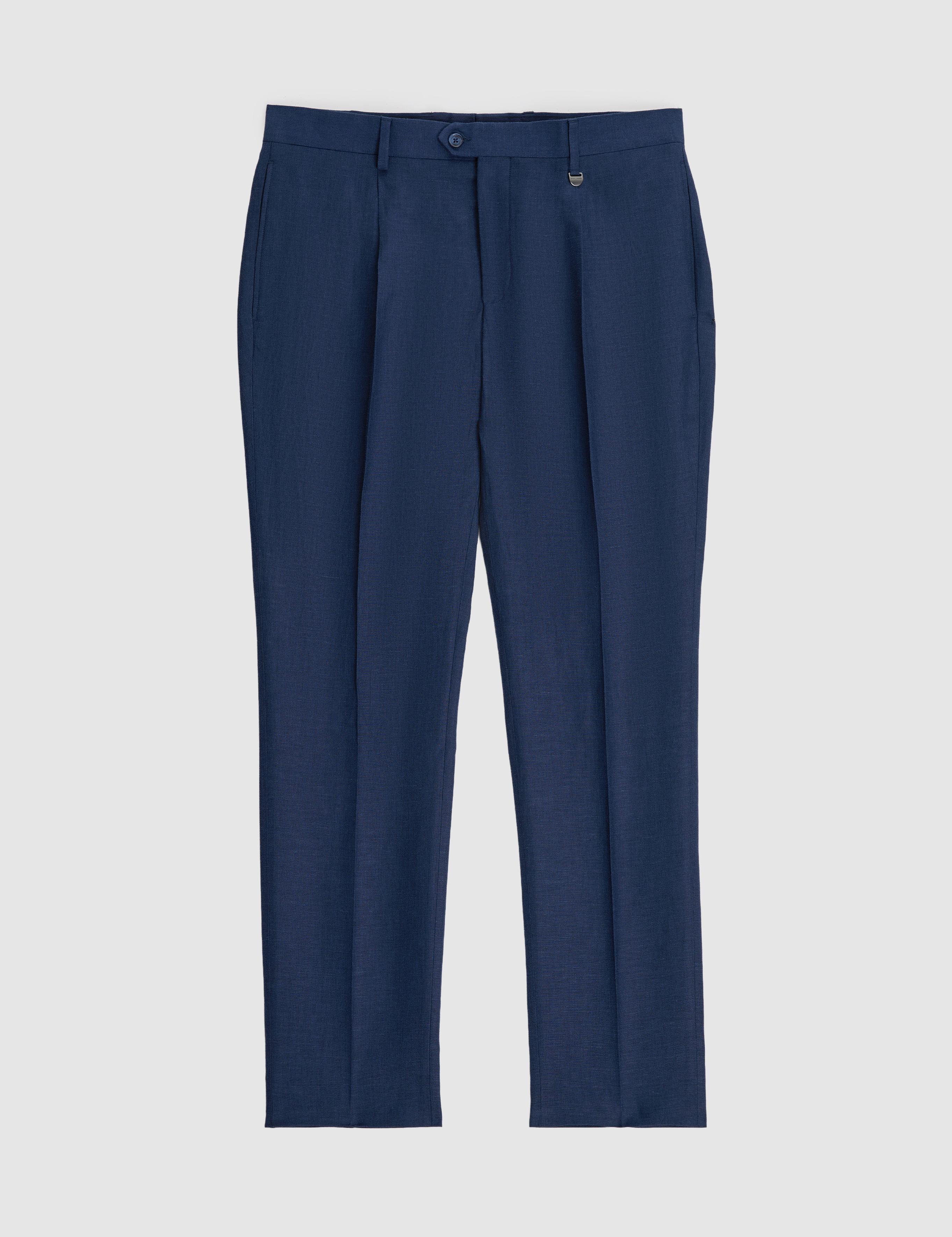 Lacivert Slim Fit Keten Karışımlı Pileli Pantolon