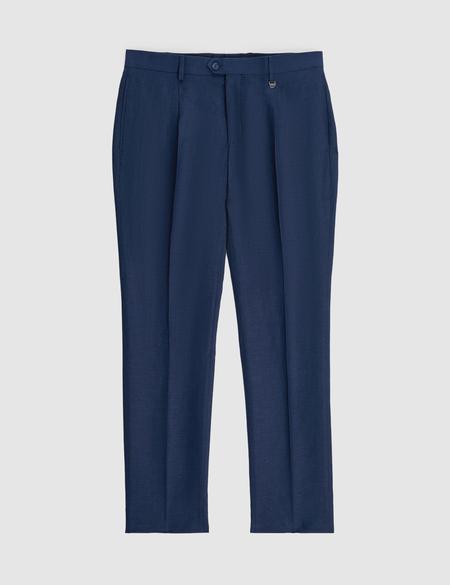 Lacivert Slim Fit Keten Karışımlı Pileli Pantolon - 50325165089