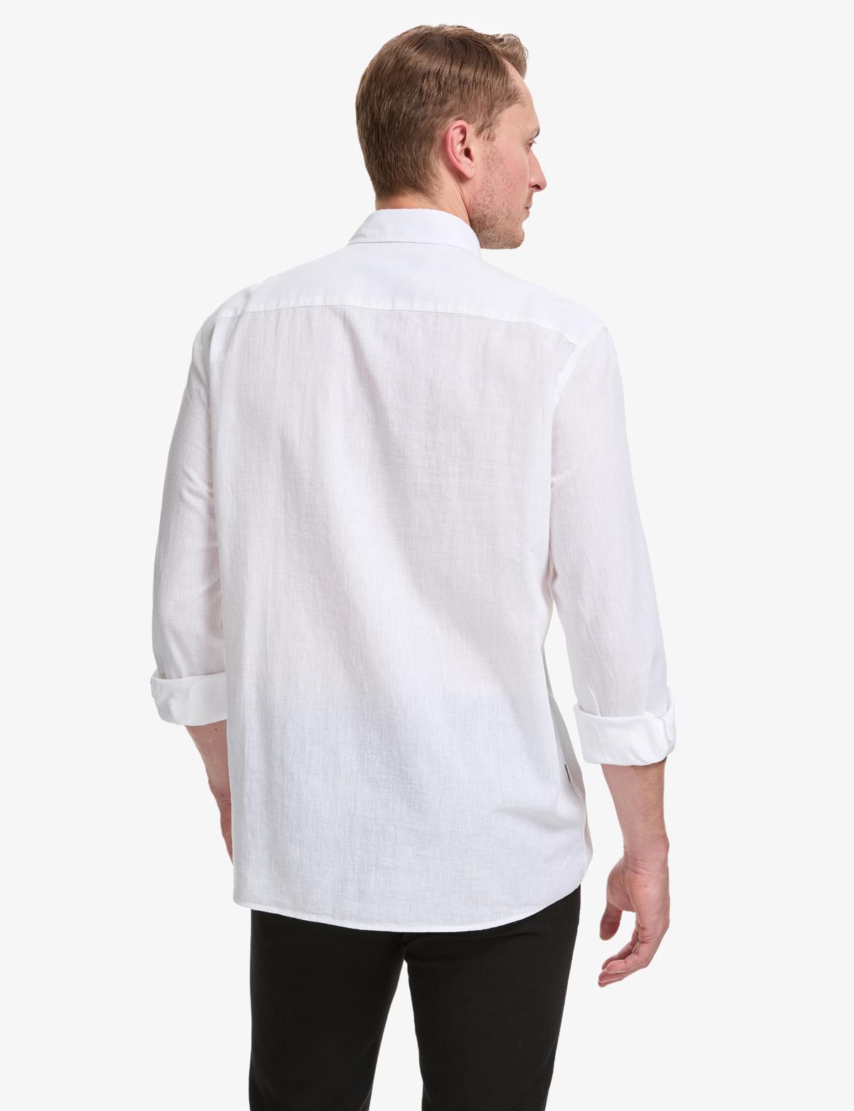 Beyaz Keten Karışımlı Regular Fit Uzun Kollu Gömlek - 50320941123