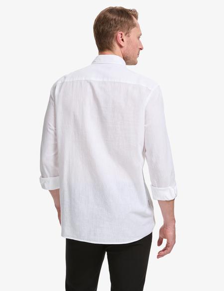 Beyaz Keten Karışımlı Regular Fit Uzun Kollu Gömlek - 50320941123