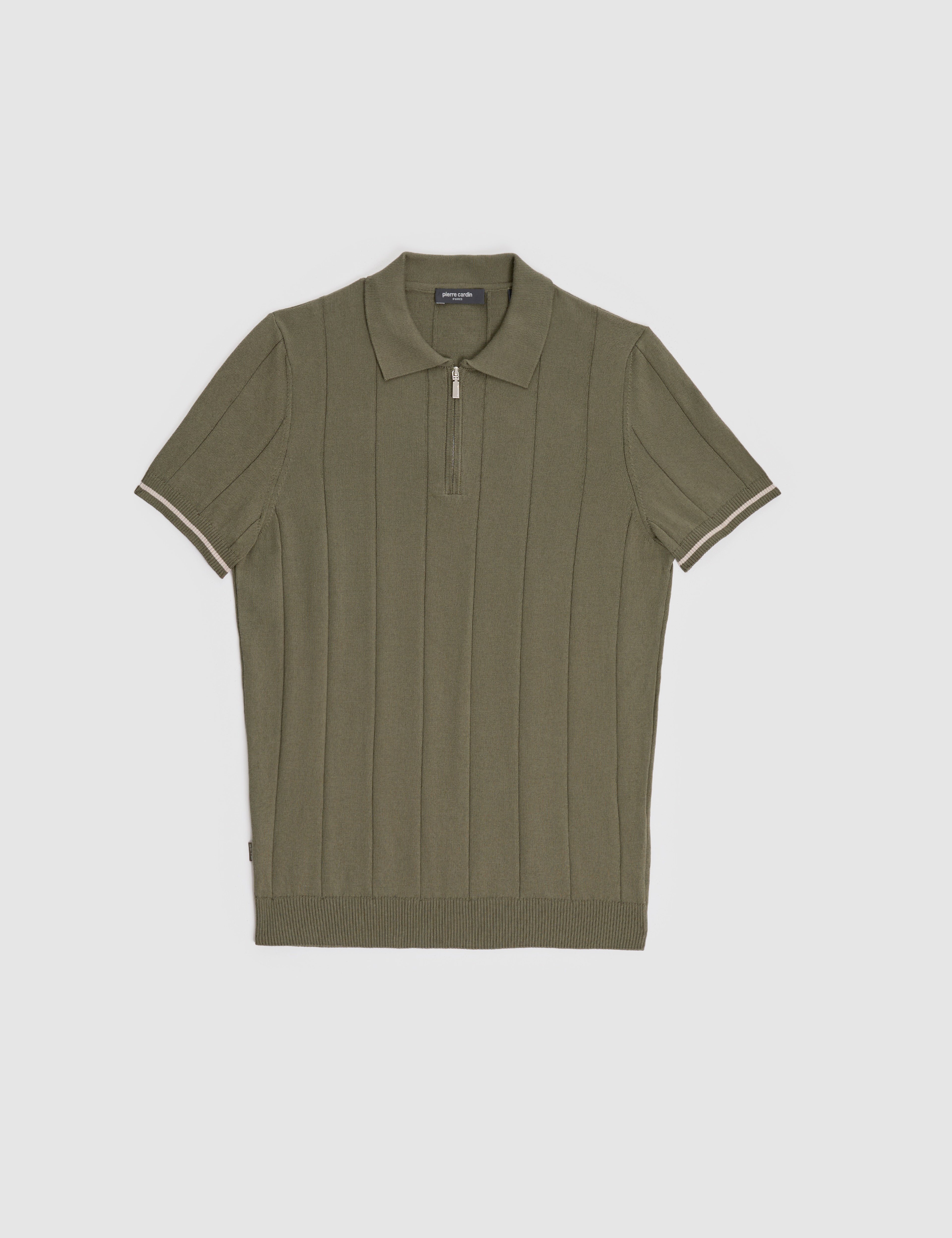 Haki Slim Fit %100 Pamuk Fermuarlı Polo Yaka Triko Tişört