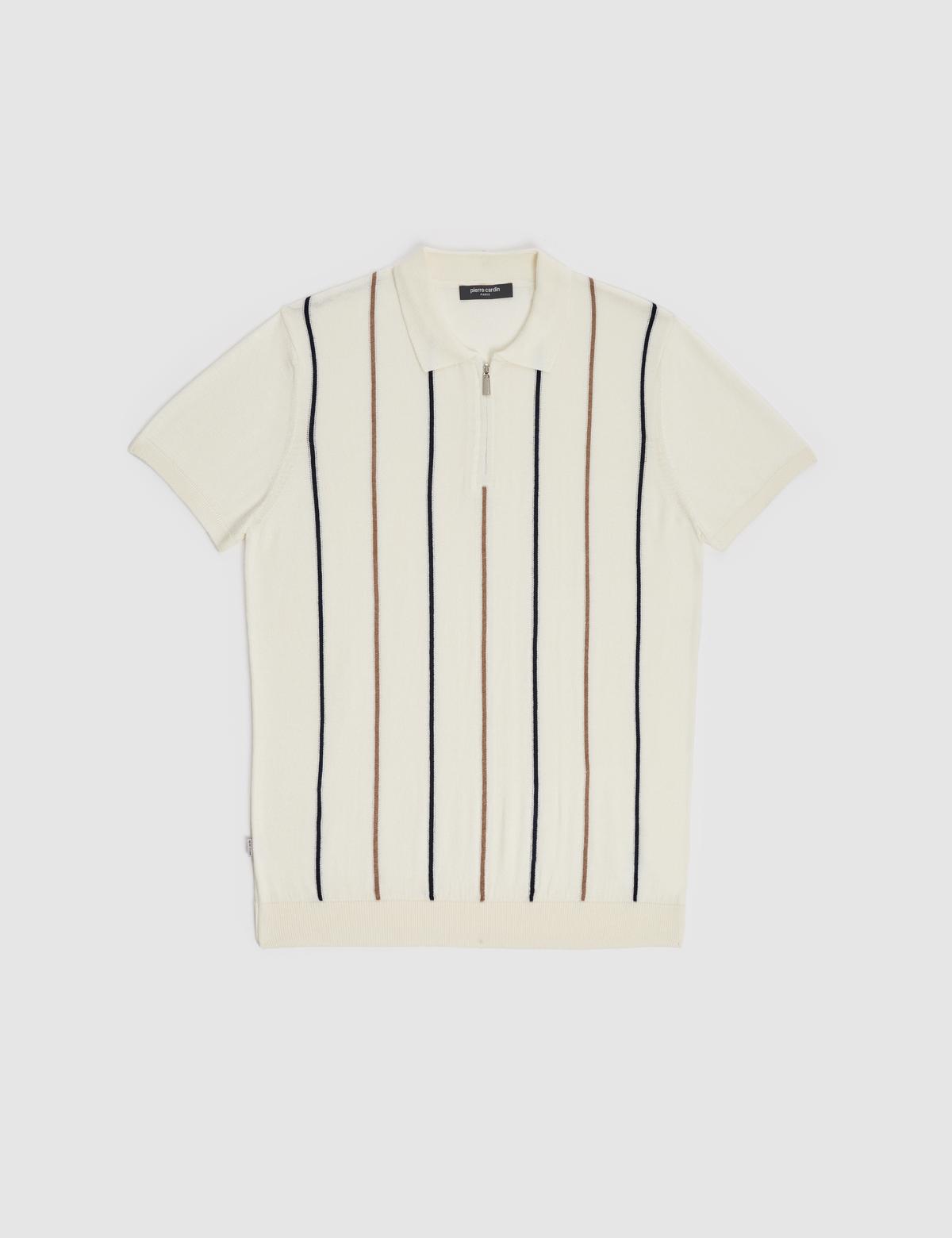 Ekru Slim Fit Polo Yaka Fermuarlı Triko Tişört - 50325075009