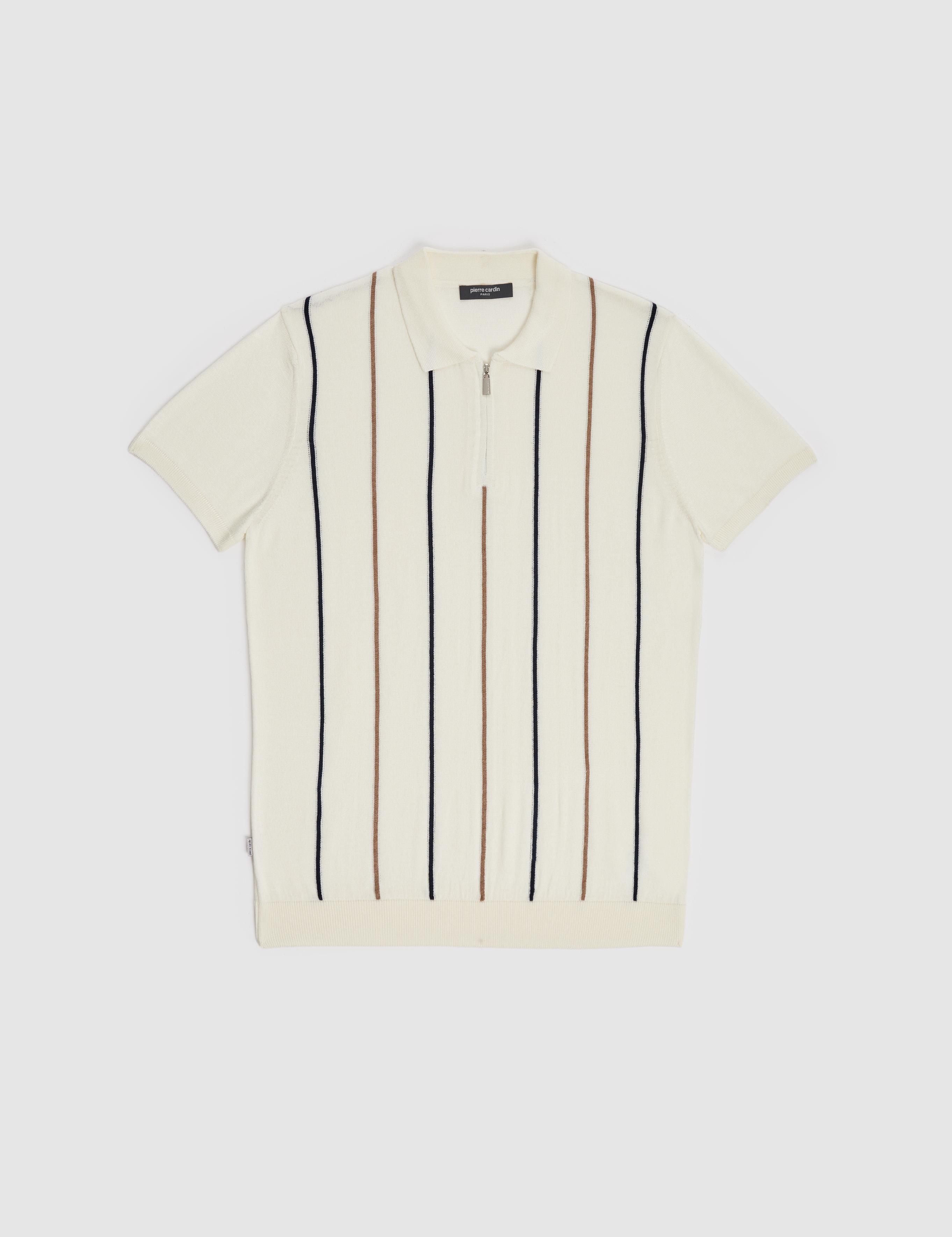 Ekru Slim Fit Polo Yaka Fermuarlı Triko Tişört