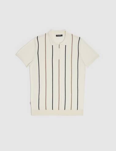 Ekru Slim Fit Polo Yaka Fermuarlı Triko Tişört
