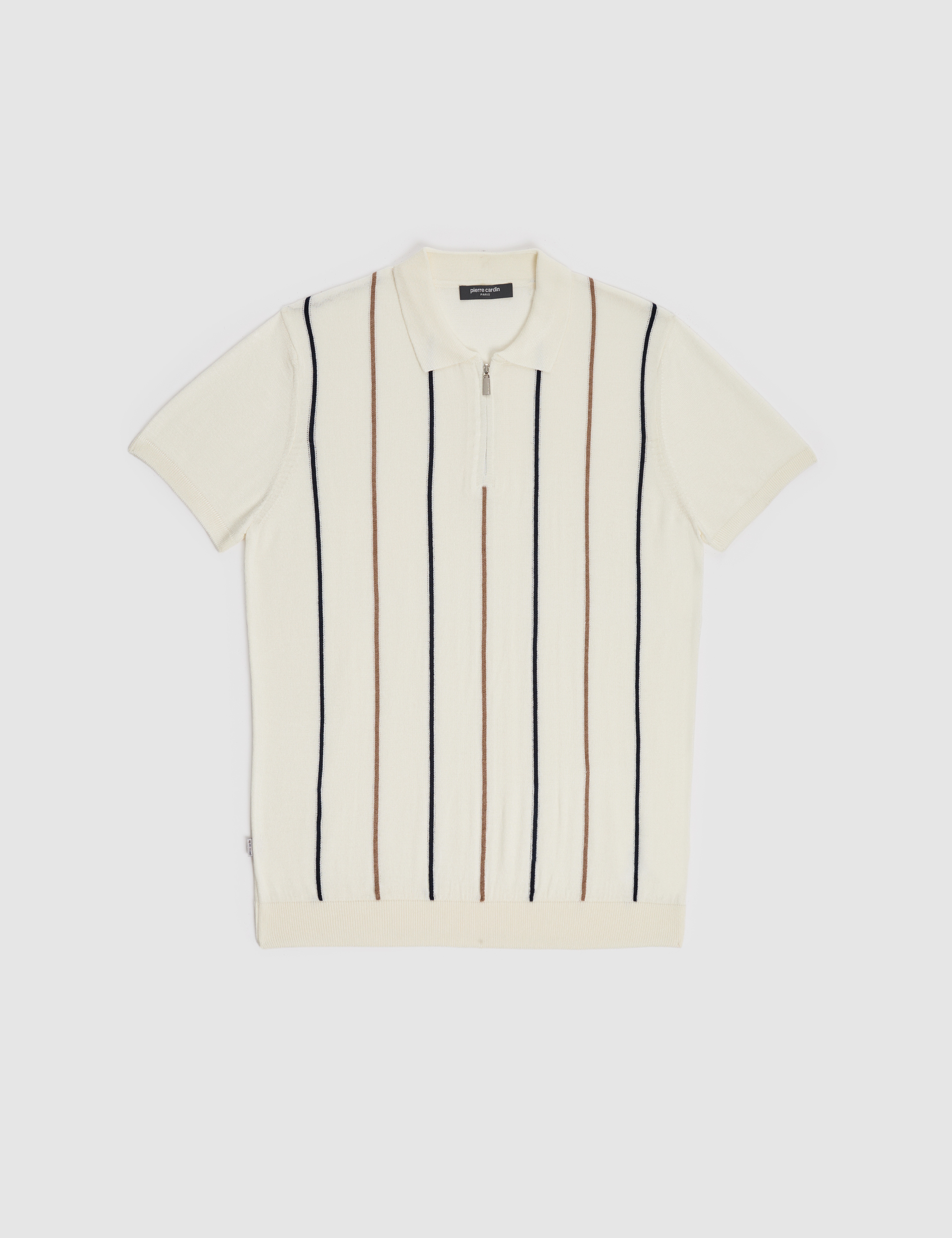 Ekru Slim Fit Polo Yaka Fermuarlı Triko Tişört - Image 7