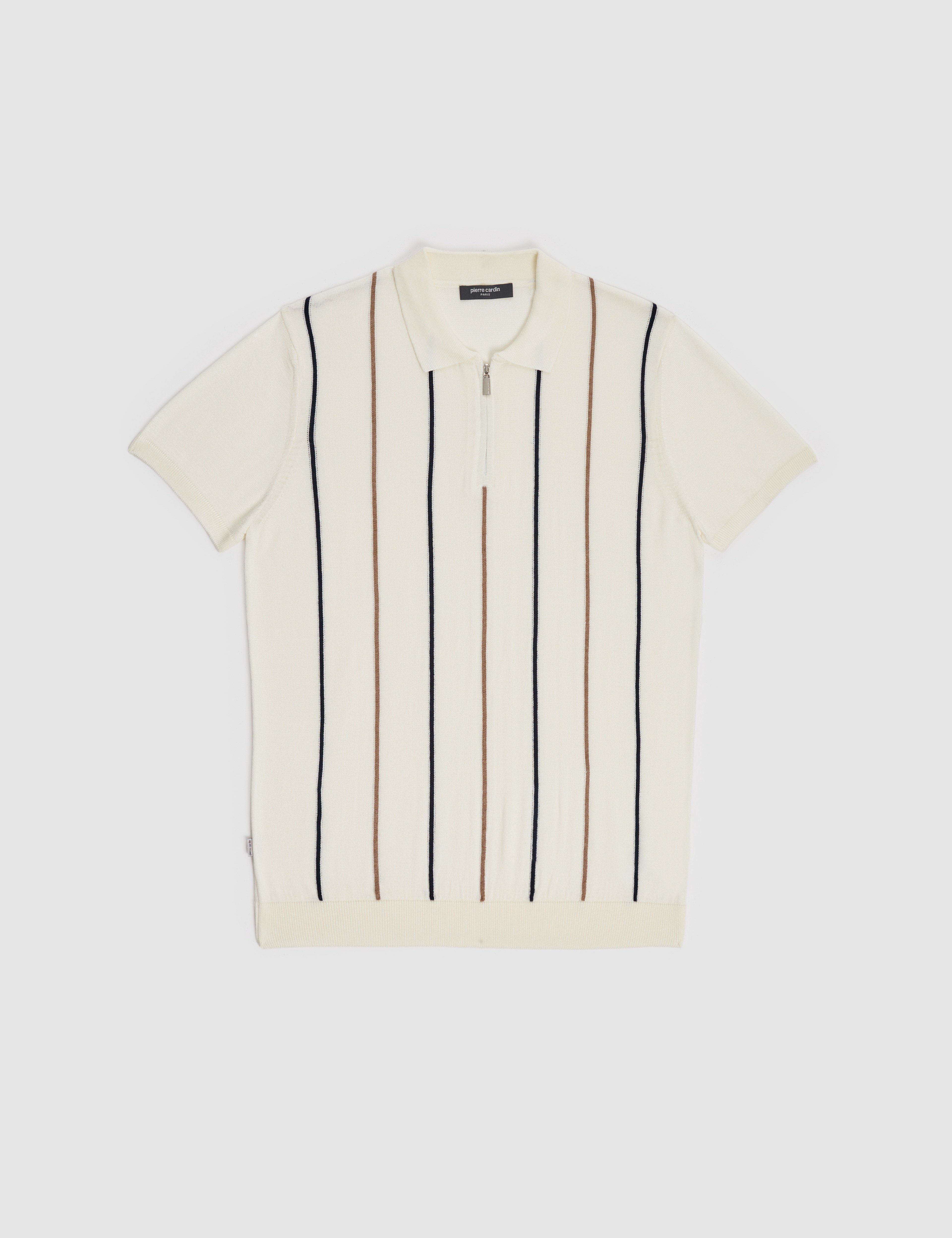Ekru Slim Fit Polo Yaka Fermuarlı Triko Tişört