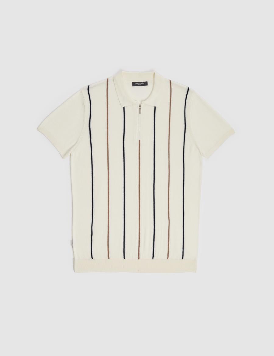 Ekru Slim Fit Polo Yaka Fermuarlı Triko Tişört