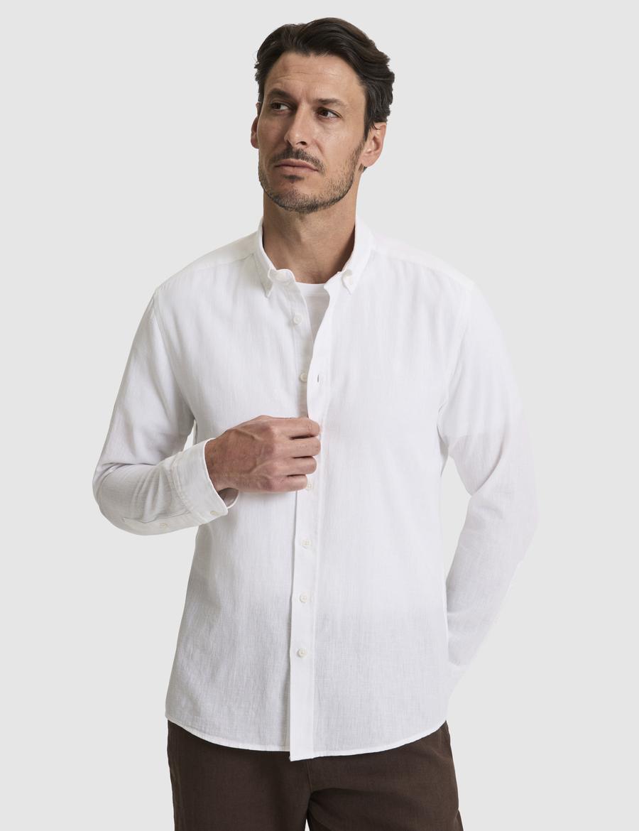 Beyaz Keten Karışımlı Regular Fit Uzun Kollu Gömlek