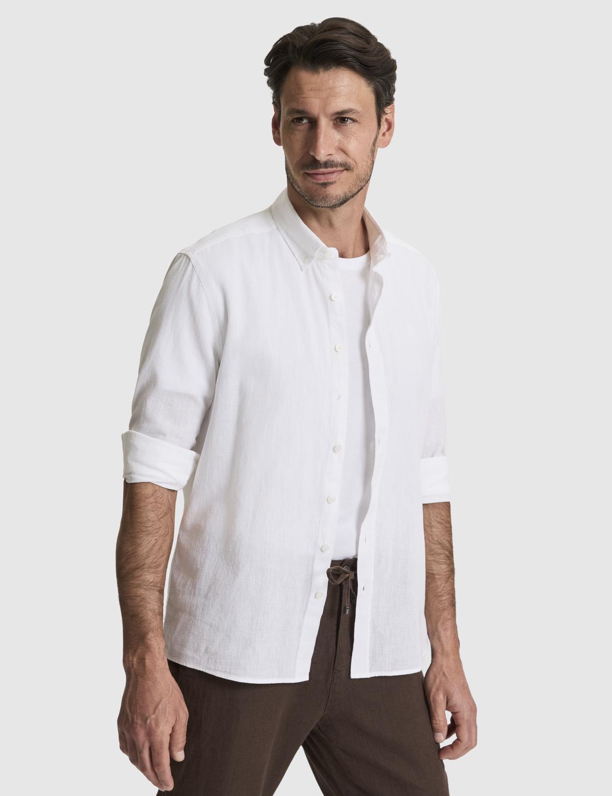 Beyaz Keten Karışımlı Regular Fit Uzun Kollu Gömlek - 50325356011