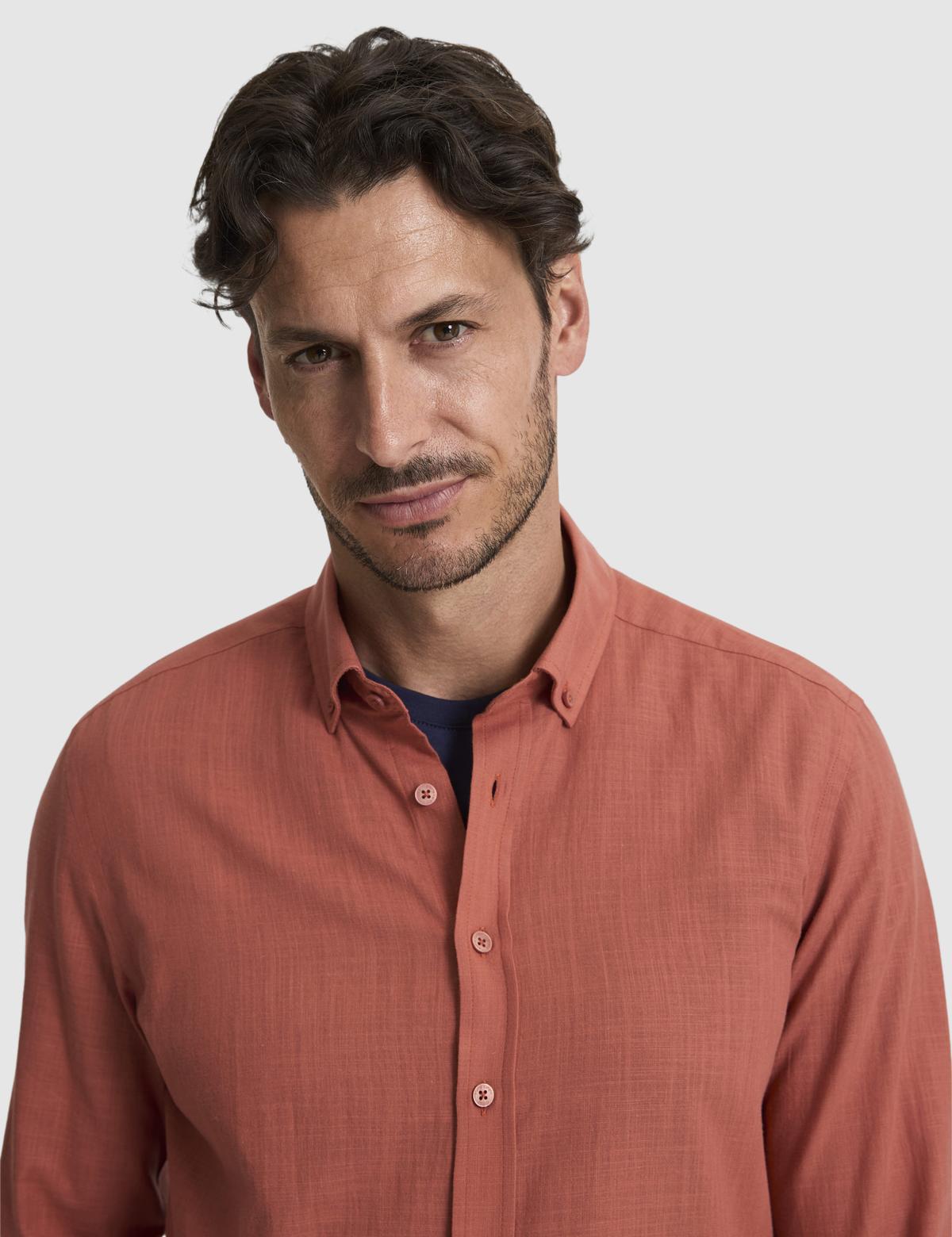 Kiremit %100 Pamuk Keten Görünümlü Slim Fit Uzun Kollu Gömlek - 50325355015