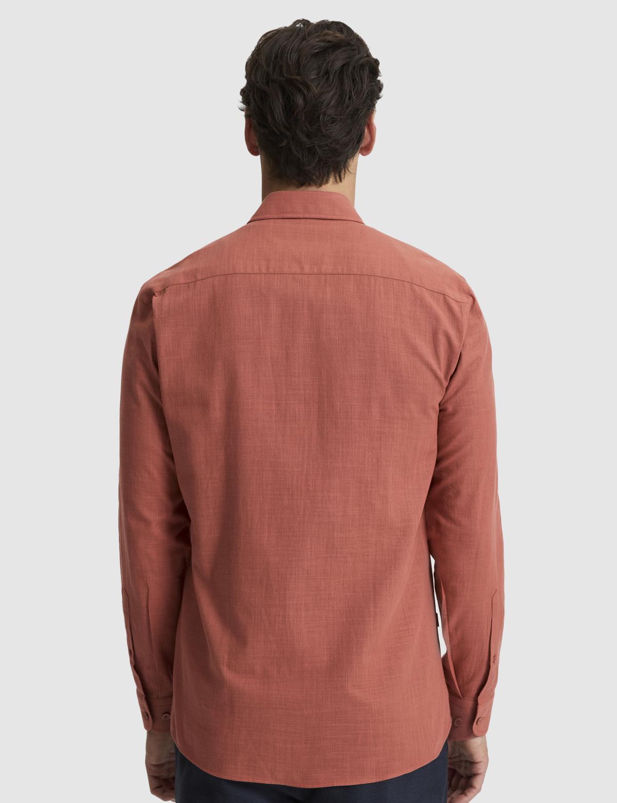 Kiremit %100 Pamuk Keten Görünümlü Slim Fit Uzun Kollu Gömlek - 50325355015