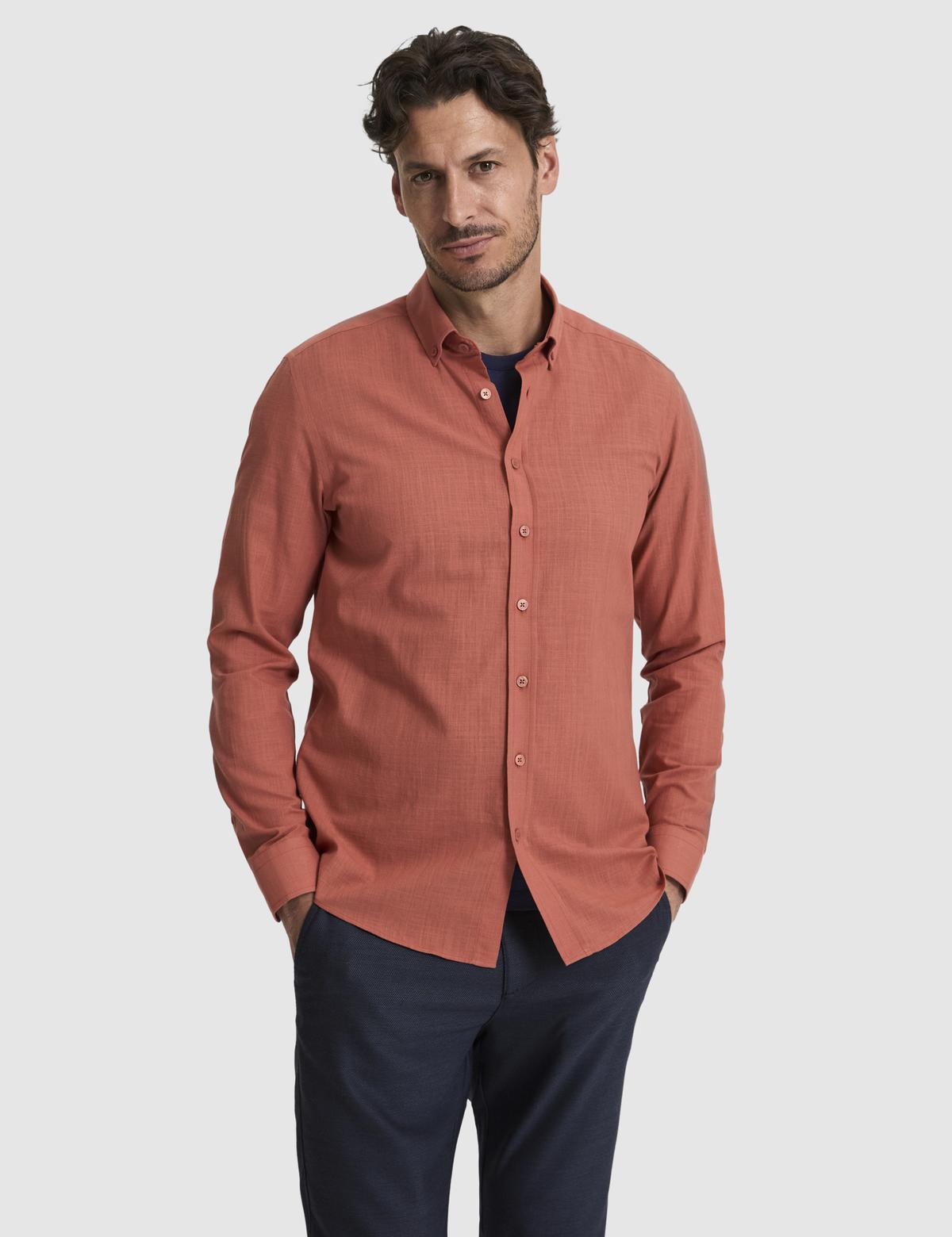 Kiremit %100 Pamuk Keten Görünümlü Slim Fit Uzun Kollu Gömlek - 50325355015
