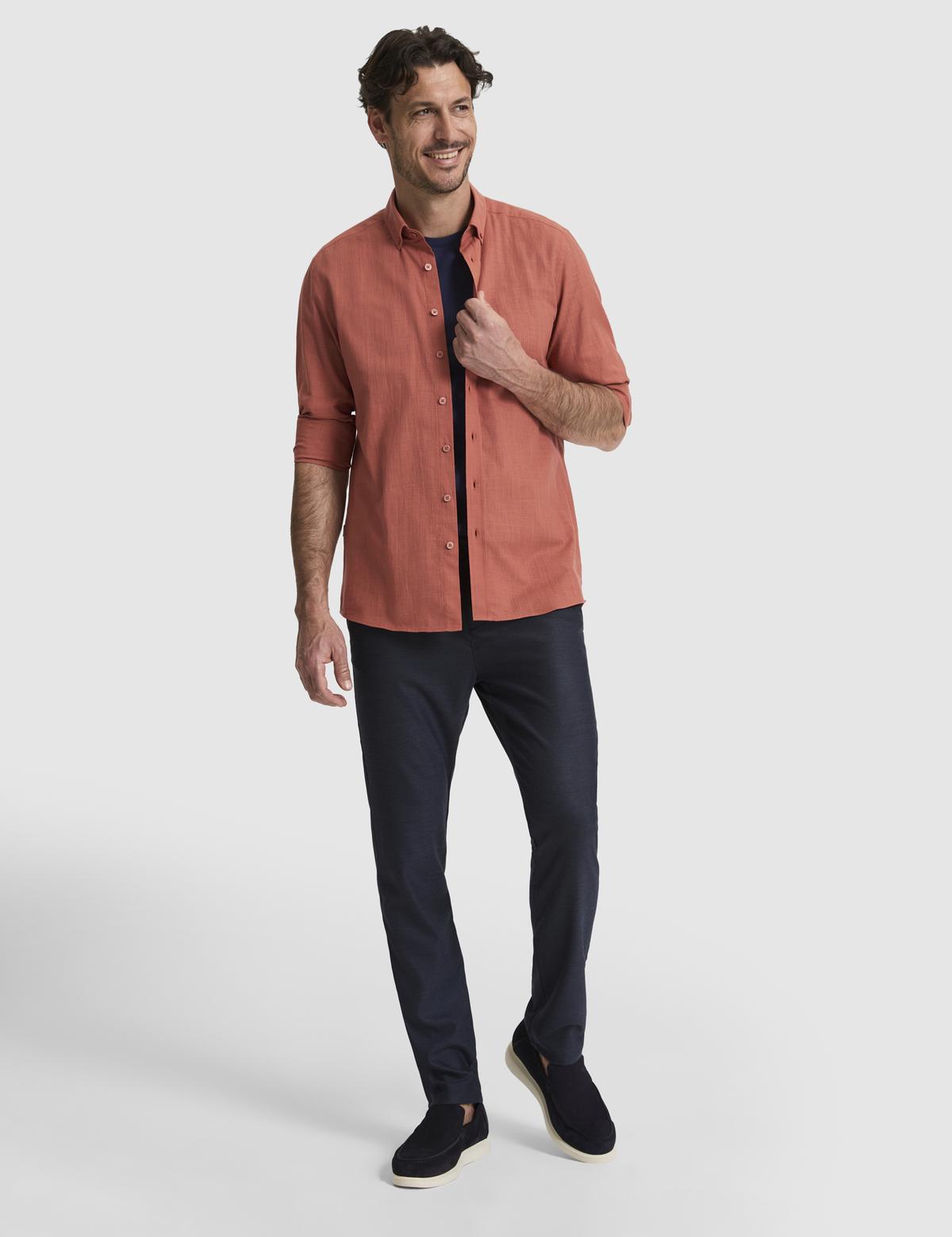 Kiremit %100 Pamuk Keten Görünümlü Slim Fit Uzun Kollu Gömlek - 50325355015