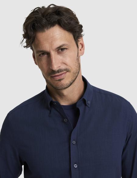 Koyu Lacivert %100 Pamuk Keten Görünümlü Slim Fit Uzun Kollu Gömlek - 50325355071