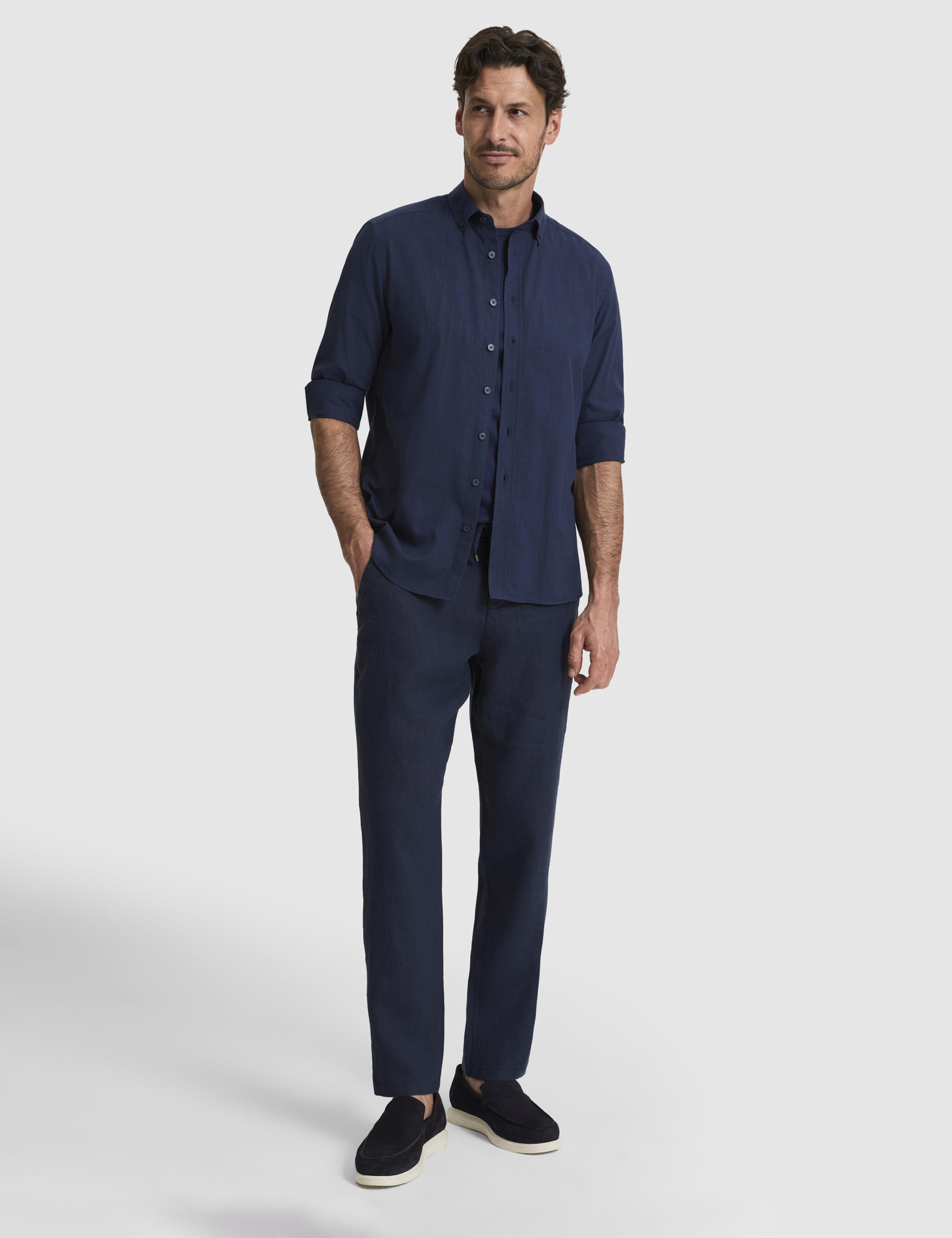 Koyu Lacivert %100 Pamuk Keten Görünümlü Slim Fit Uzun Kollu Gömlek