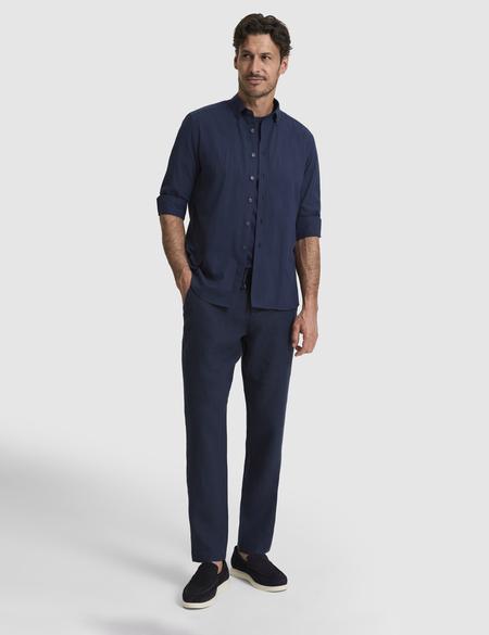 Koyu Lacivert %100 Pamuk Keten Görünümlü Slim Fit Uzun Kollu Gömlek - 50325355071