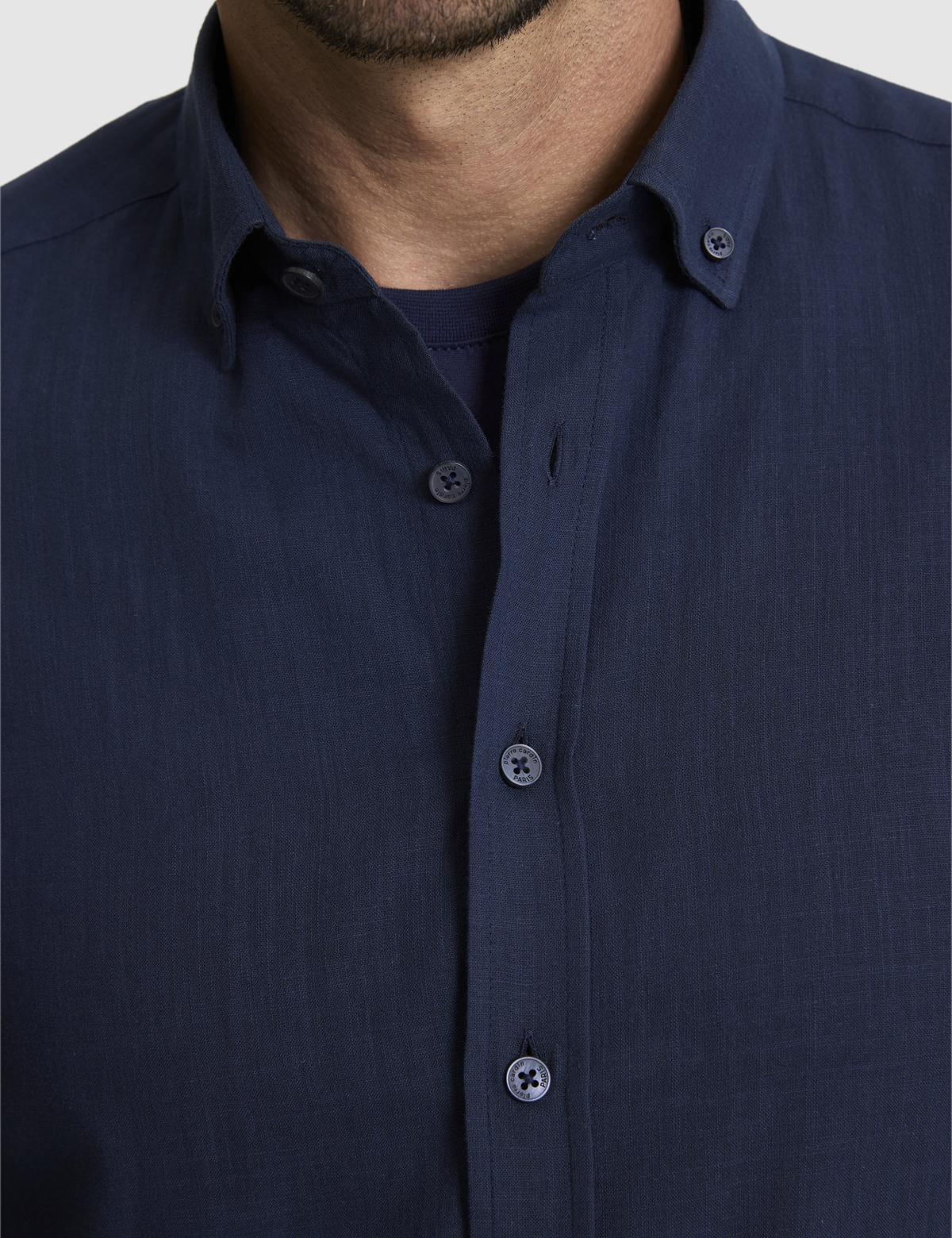 Koyu Lacivert %100 Pamuk Keten Görünümlü Slim Fit Uzun Kollu Gömlek - 50325355071
