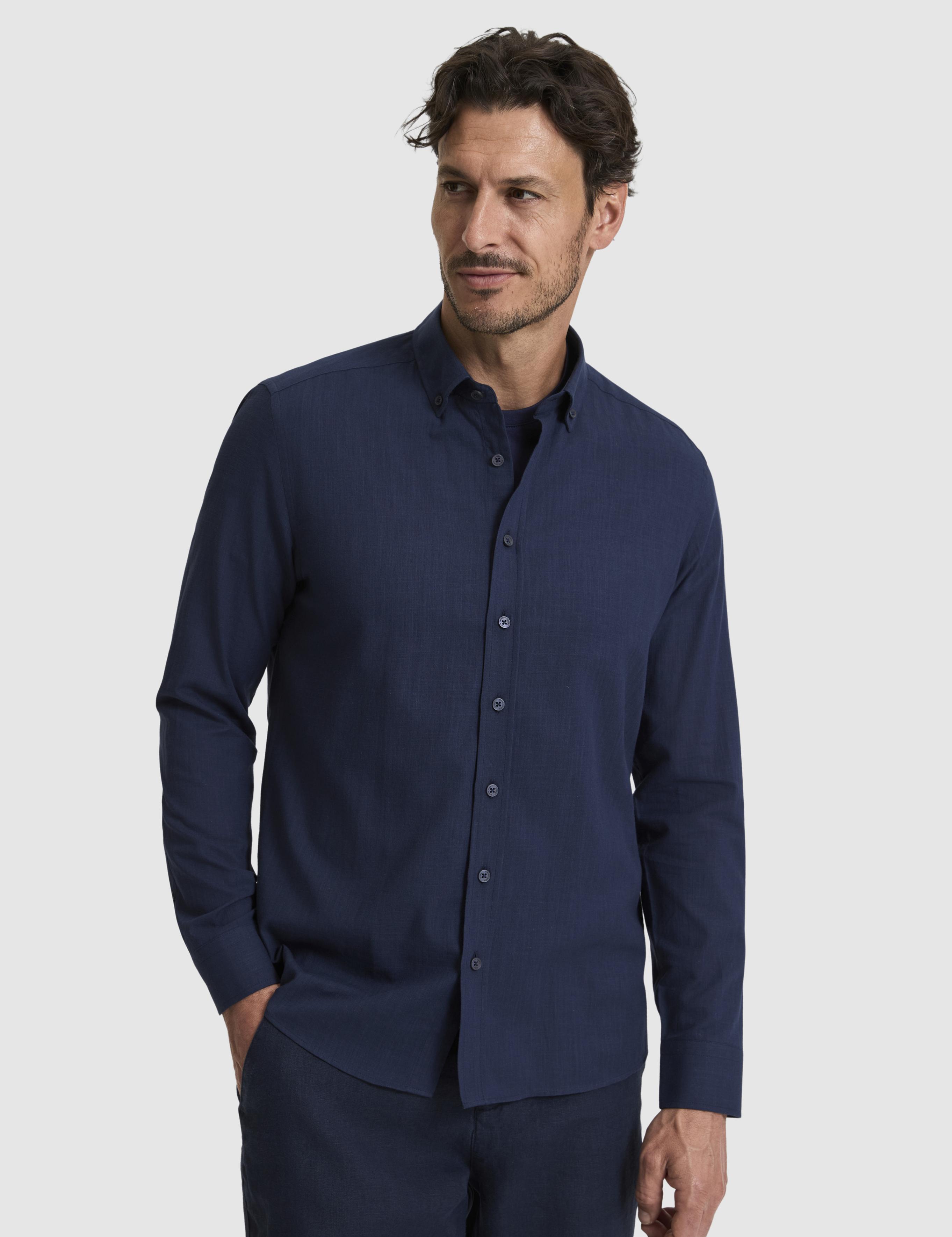 Koyu Lacivert %100 Pamuk Keten Görünümlü Slim Fit Uzun Kollu Gömlek