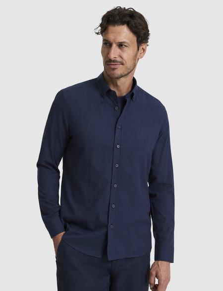 Koyu Lacivert %100 Pamuk Keten Görünümlü Slim Fit Uzun Kollu Gömlek - 50325355071