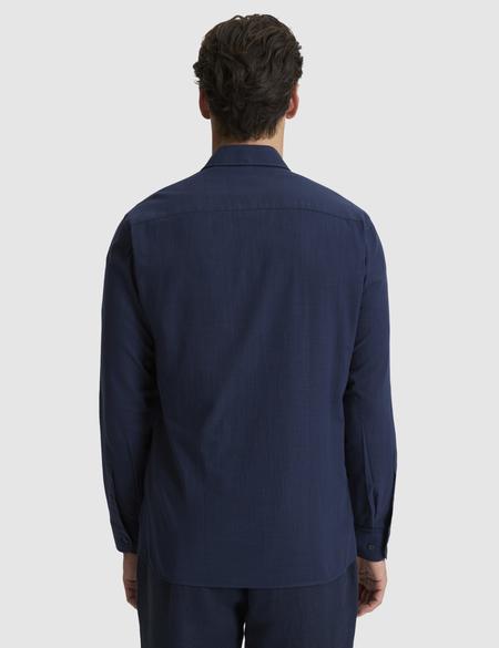 Koyu Lacivert %100 Pamuk Keten Görünümlü Slim Fit Uzun Kollu Gömlek - 50325355071