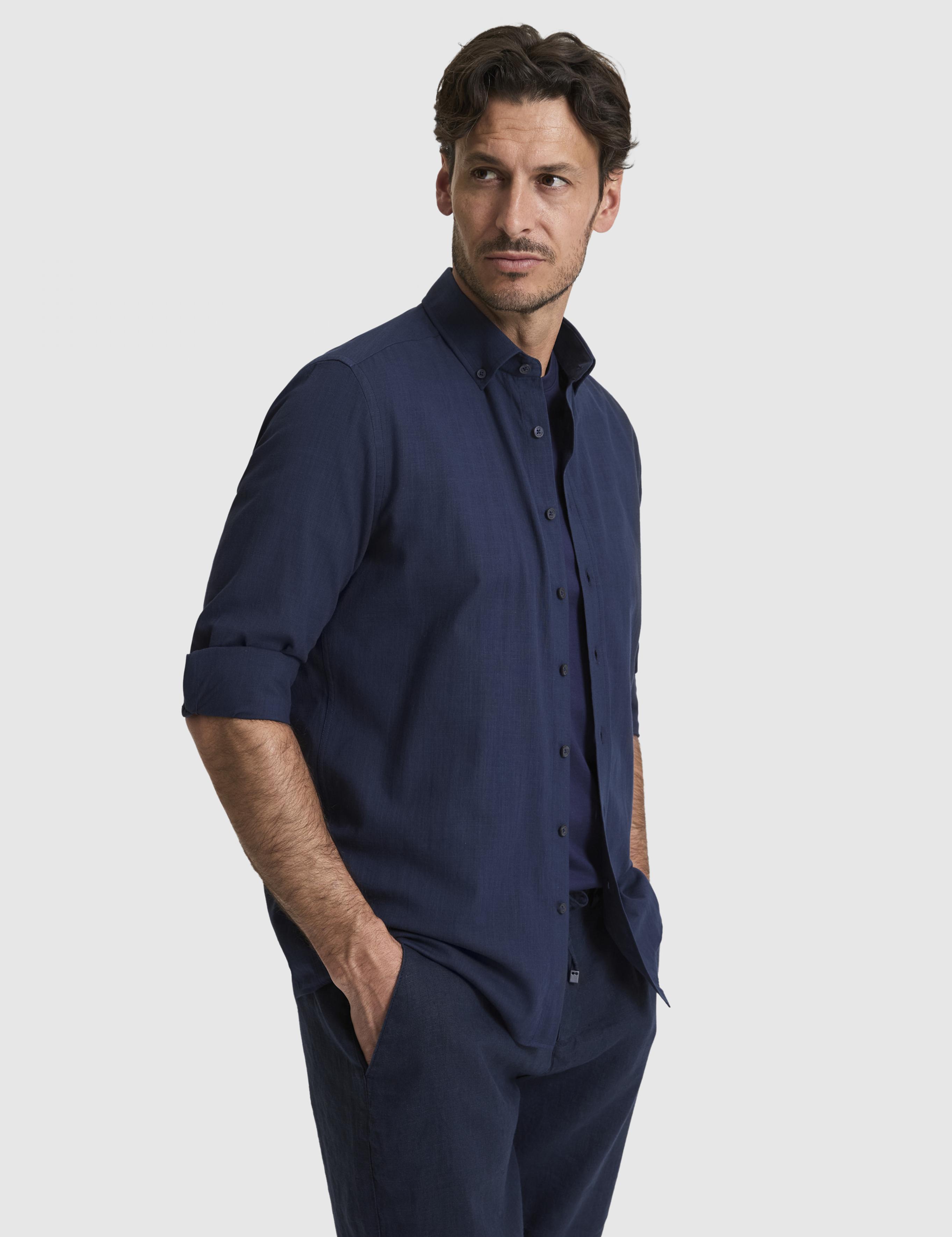 Koyu Lacivert %100 Pamuk Keten Görünümlü Slim Fit Uzun Kollu Gömlek