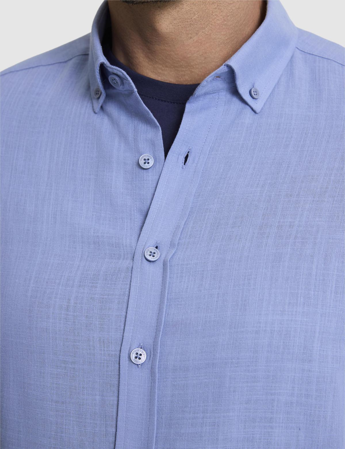 Mavi %100 Pamuk Keten Görünümlü Slim Fit Uzun Kollu Gömlek - 50325355006
