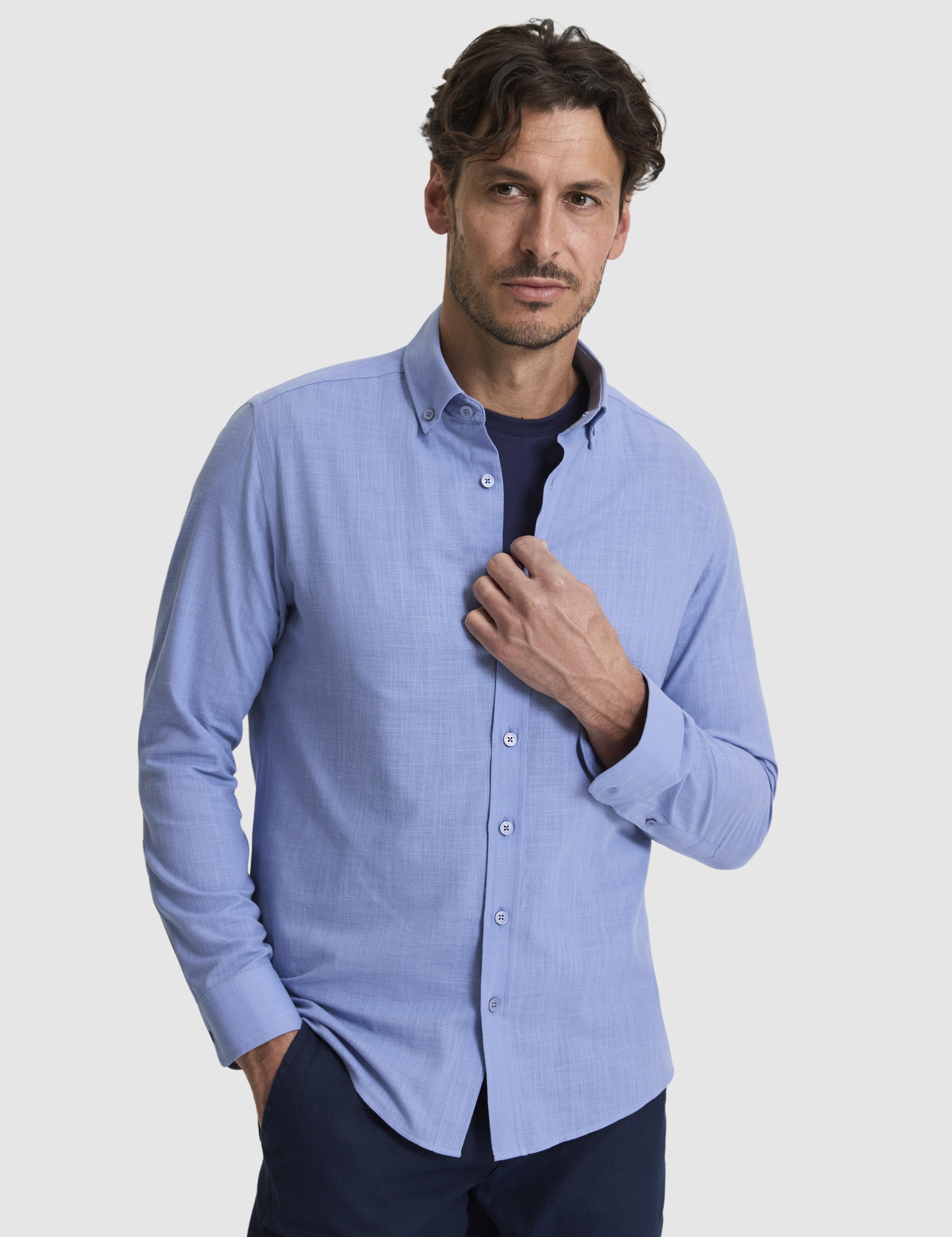 Mavi %100 Pamuk Keten Görünümlü Slim Fit Uzun Kollu Gömlek