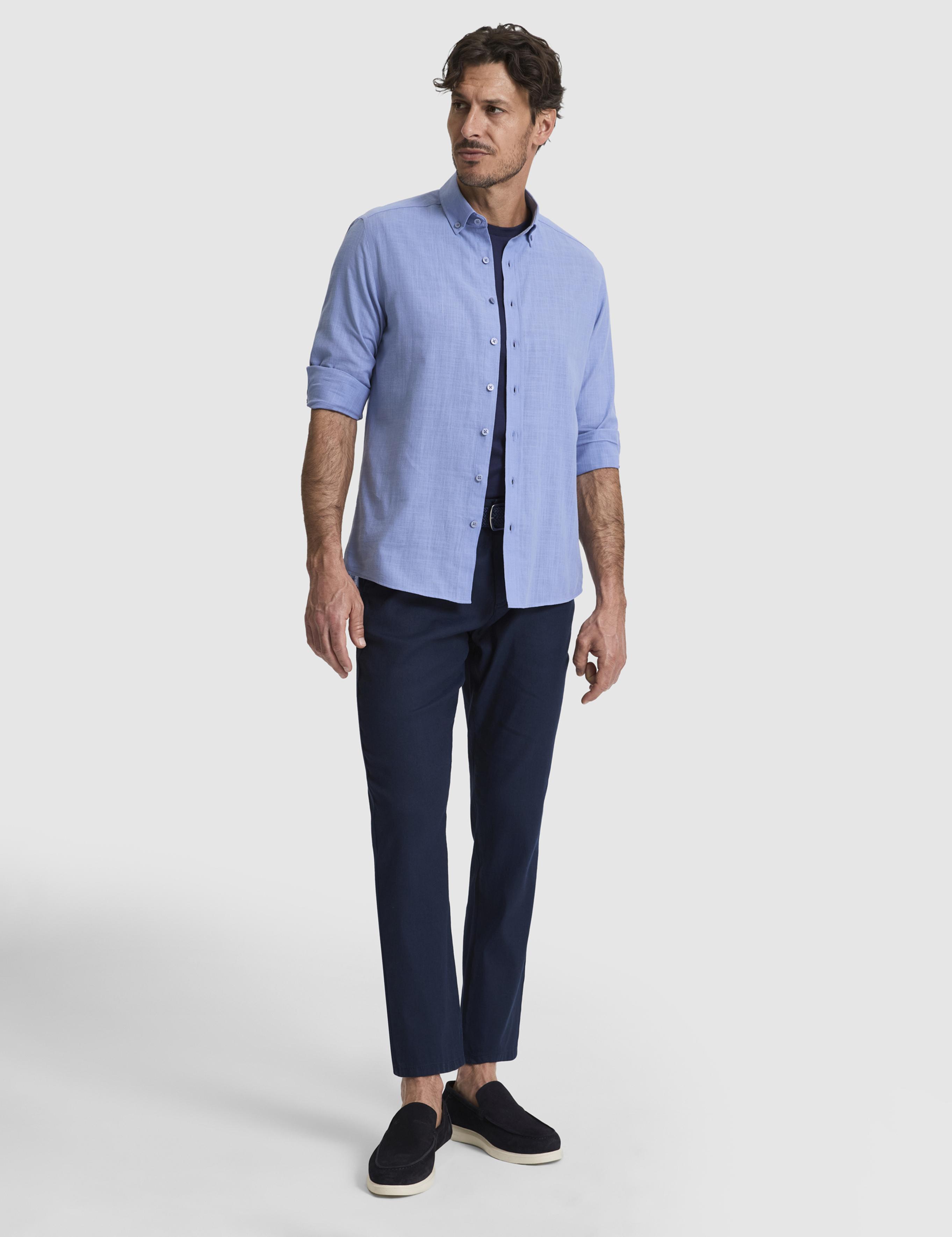 Mavi %100 Pamuk Keten Görünümlü Slim Fit Uzun Kollu Gömlek