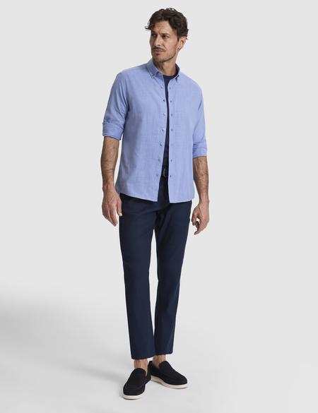 Mavi %100 Pamuk Keten Görünümlü Slim Fit Uzun Kollu Gömlek - 50325355006