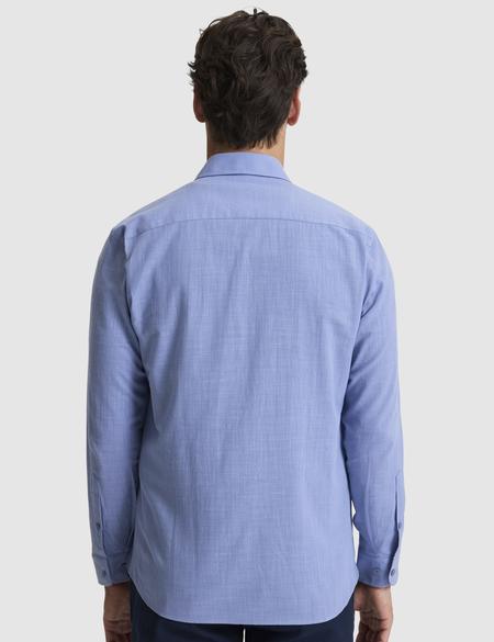 Mavi %100 Pamuk Keten Görünümlü Slim Fit Uzun Kollu Gömlek - 50325355006