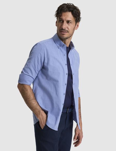 Mavi %100 Pamuk Keten Görünümlü Slim Fit Uzun Kollu Gömlek - 50325355006