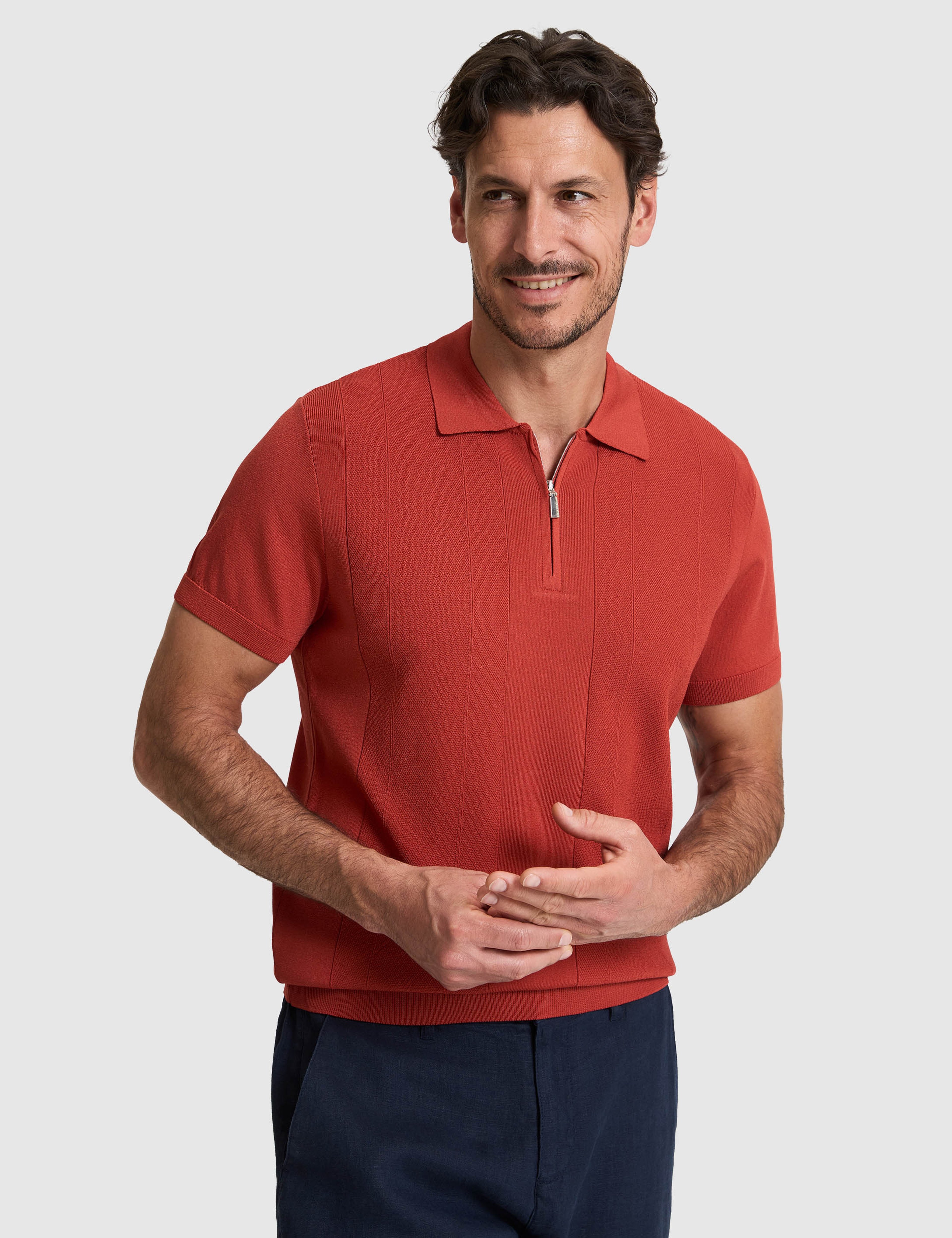 Kiremit Slim Fit Polo Yaka Fermuarlı Triko Tişört