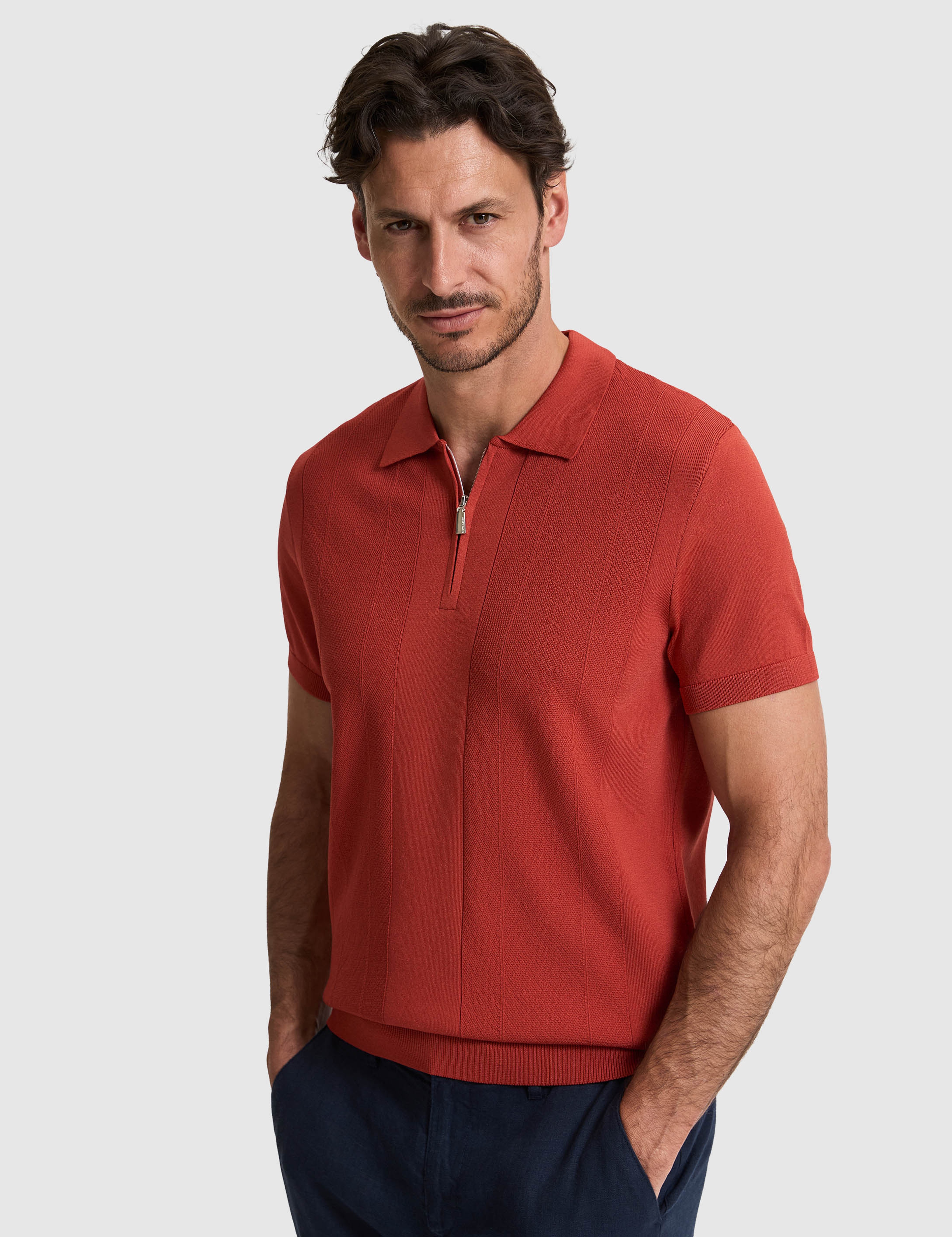 Kiremit Slim Fit Polo Yaka Fermuarlı Triko Tişört - Image 1