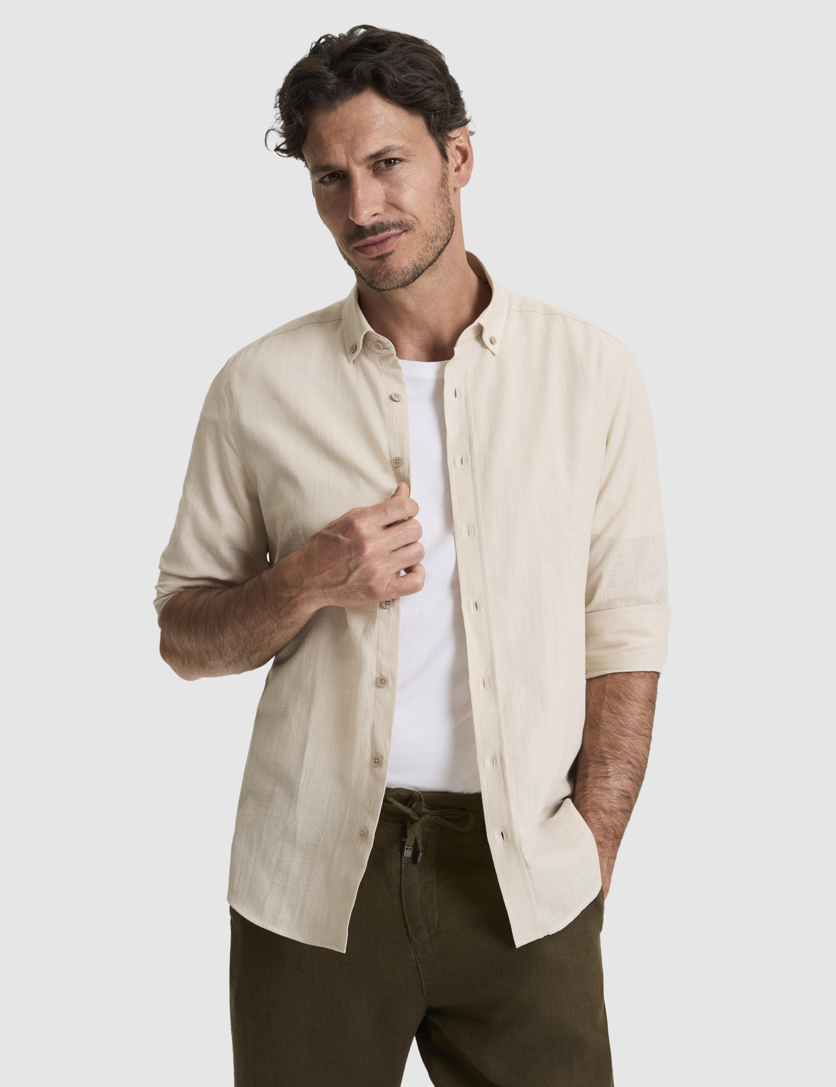 Koyu Bej %100 Pamuk Keten Görünümlü Slim Fit Uzun Kollu Gömlek