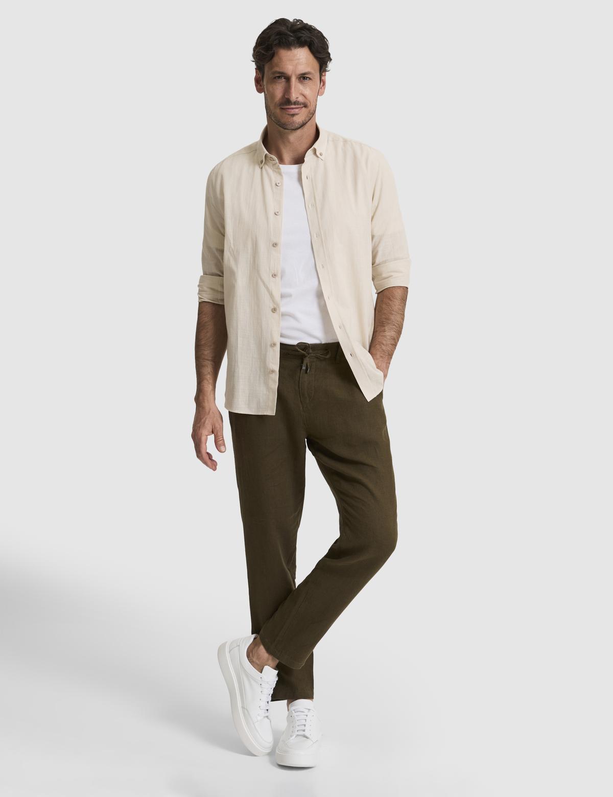 Koyu Bej %100 Pamuk Keten Görünümlü Slim Fit Uzun Kollu Gömlek - 50325355028