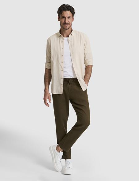 Koyu Bej %100 Pamuk Keten Görünümlü Slim Fit Uzun Kollu Gömlek - 50325355028