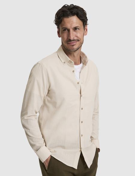 Koyu Bej %100 Pamuk Keten Görünümlü Slim Fit Uzun Kollu Gömlek - 50325355028