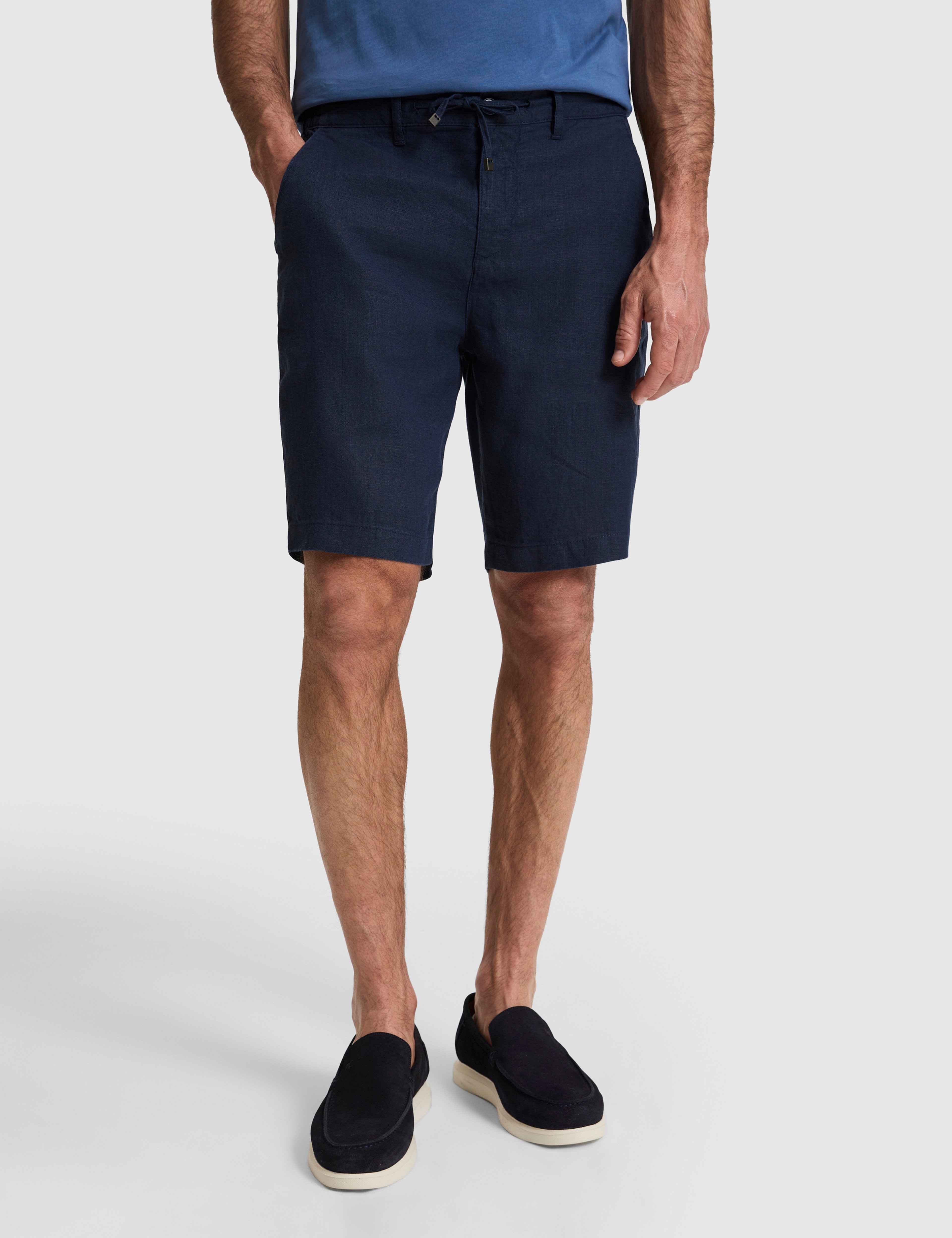 Lacivert Slim Fit %100 Keten Beli Lastikli Kordonlu Dokuma Şort - Image 2