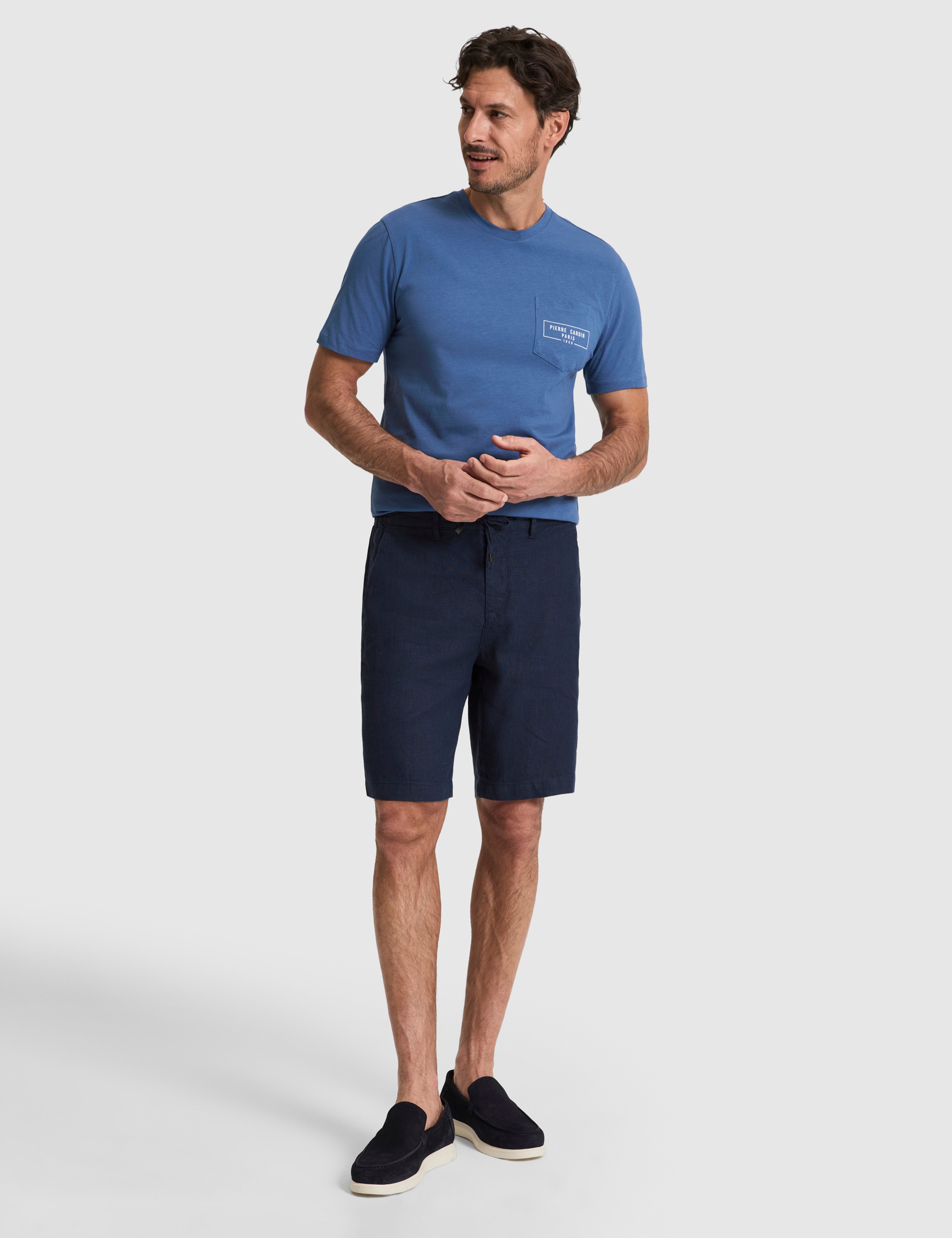 Lacivert Slim Fit %100 Keten Beli Lastikli Kordonlu Dokuma Şort - Image 1