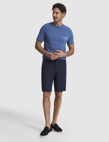Lacivert Slim Fit %100 Keten Beli Lastikli Kordonlu Dokuma Şort
