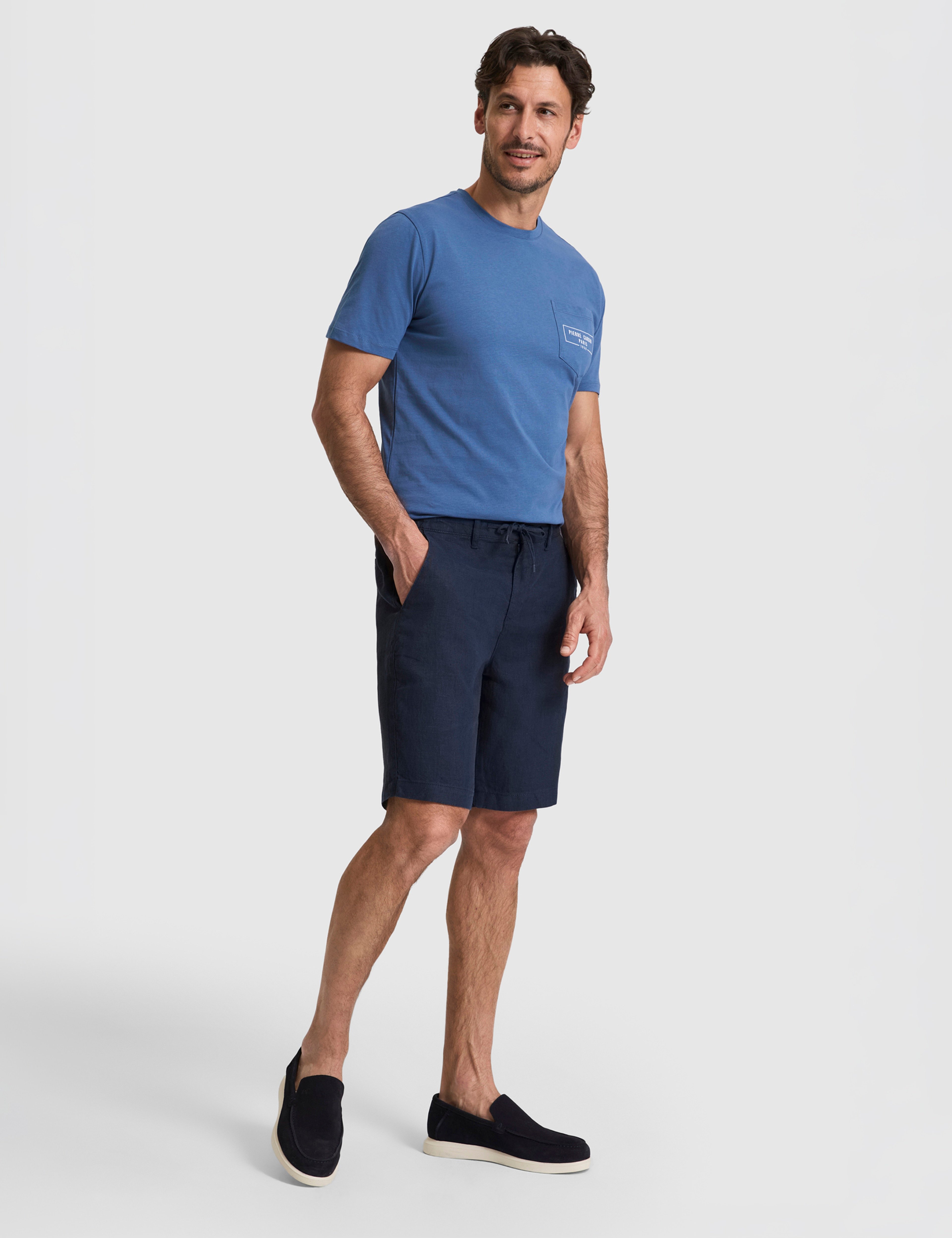Lacivert Slim Fit %100 Keten Beli Lastikli Kordonlu Dokuma Şort