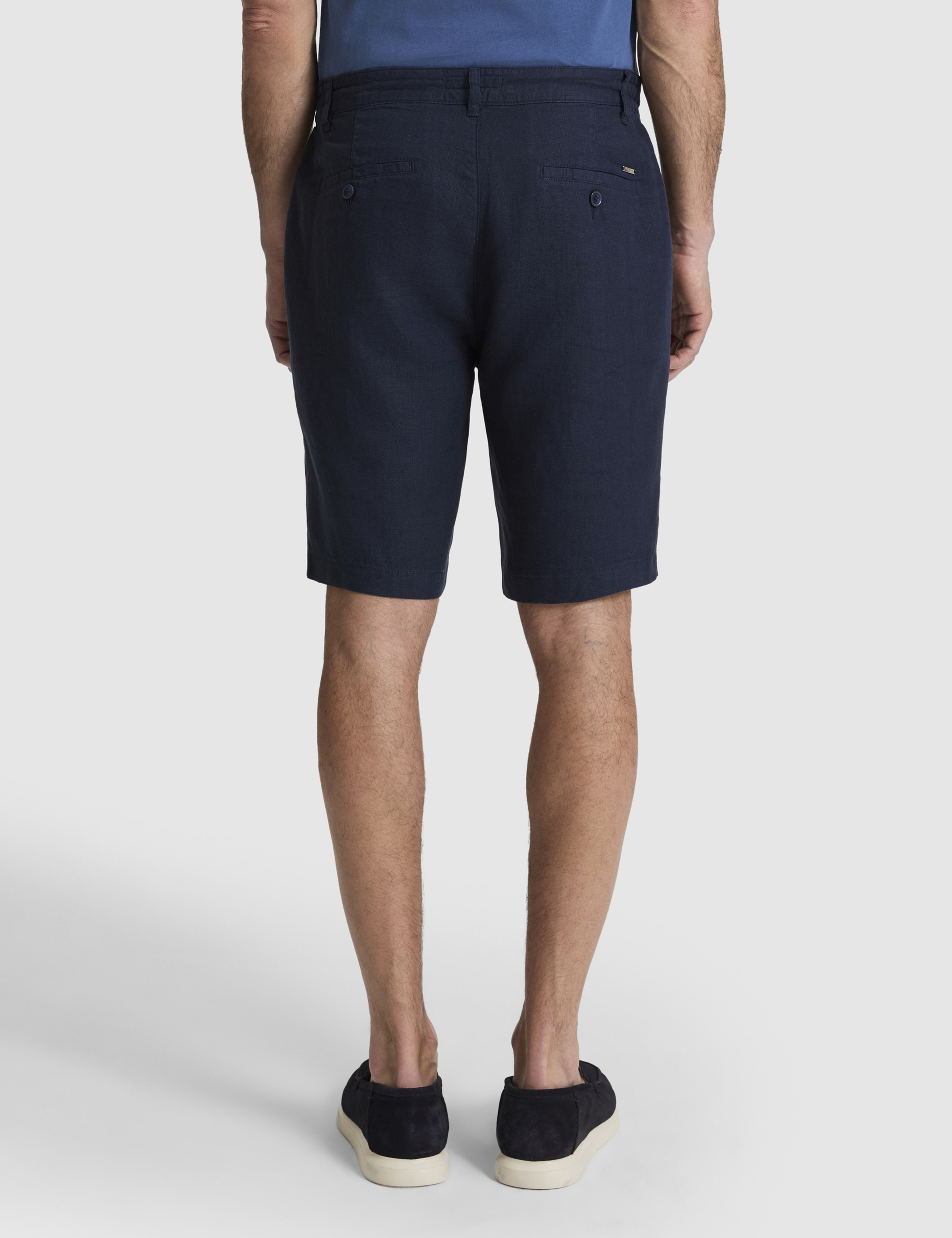 Lacivert Slim Fit %100 Keten Beli Lastikli Kordonlu Dokuma Şort